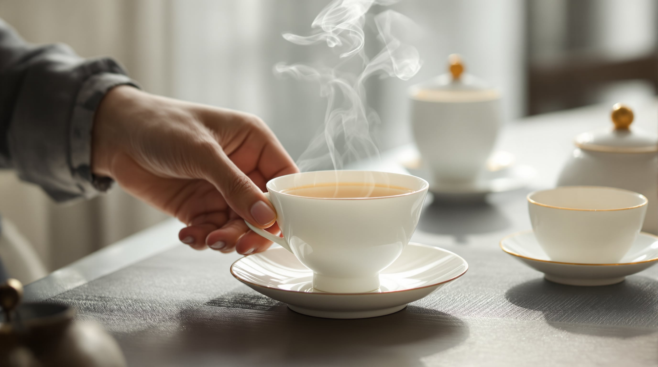 Hand holding a steaming porcelain teacup with minimalist teaware on table
