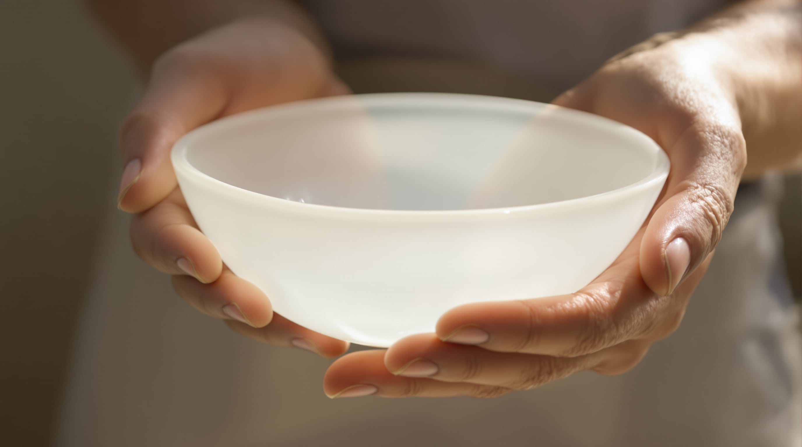 A close-up of translucent porcelain bowl glowing under soft light in artisan hands