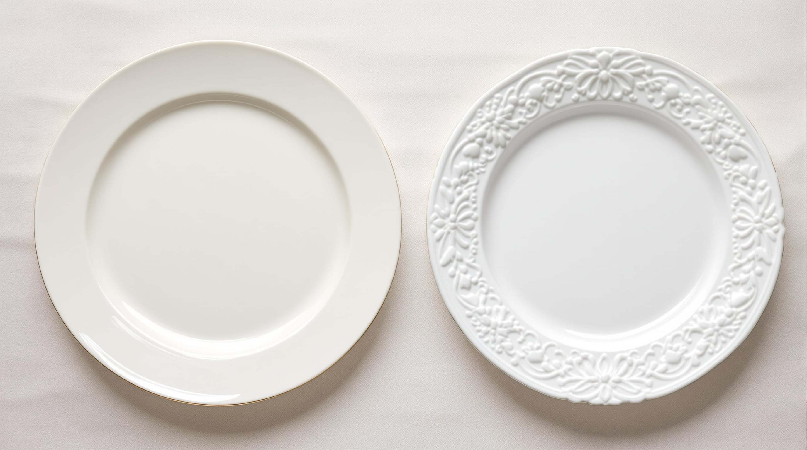 Bone china and feldspar porcelain plates side by side showing visual differences in color and detail