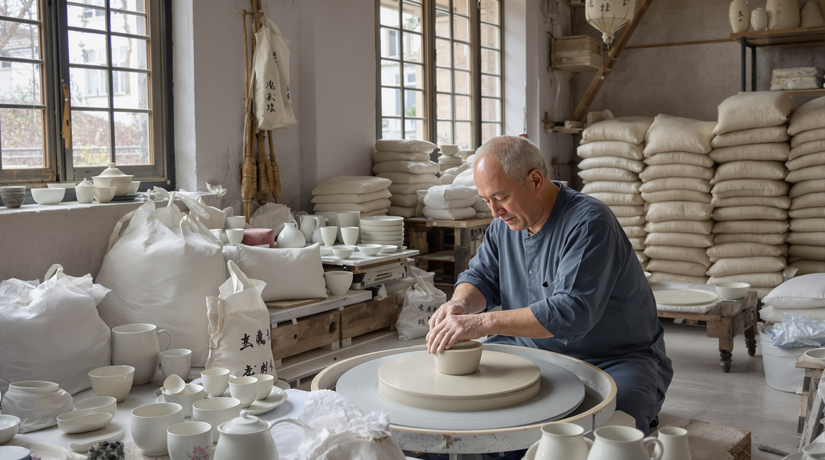 Master potter crafting porcelain tea sets in a Jingdezhen workshop with clay and finished wares visible