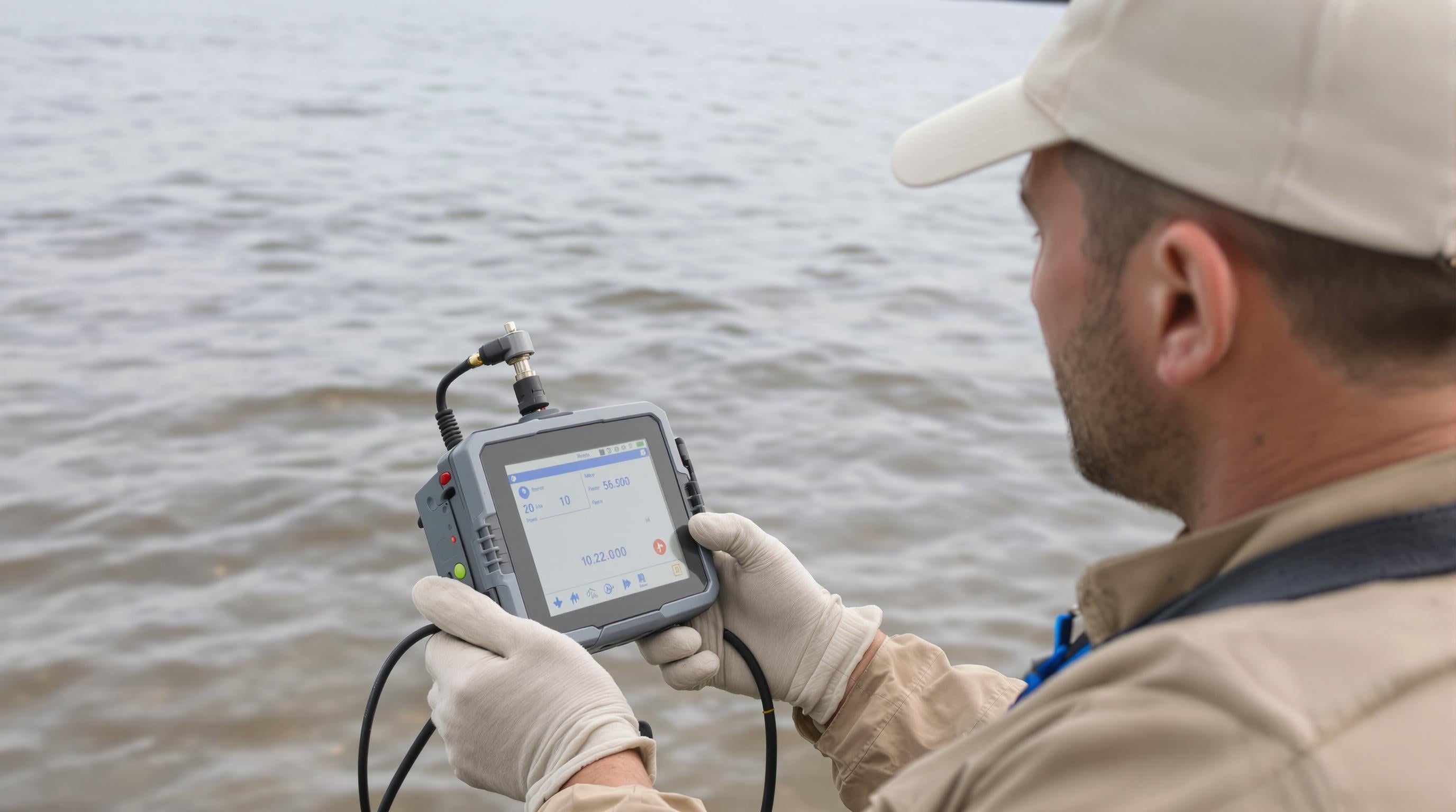 Technician using a portable water analyzer by a river for on-site water quality measurement