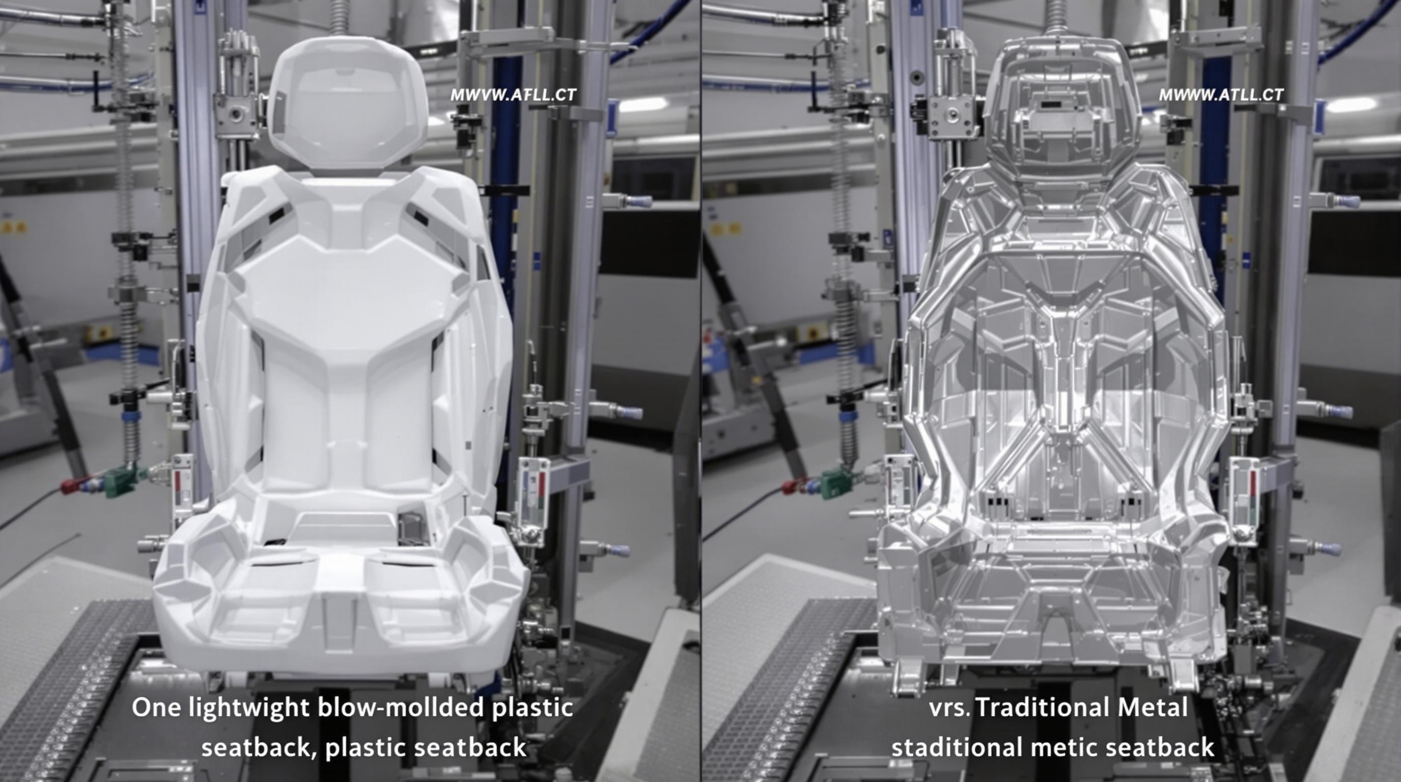 Photorealistic comparison of lightweight blow-molded seatback and heavy metal seatback in a testing environment