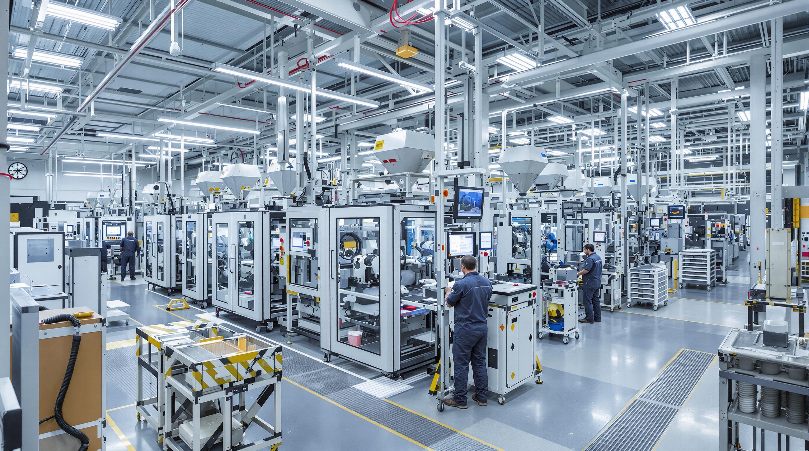 Automated blow molding machines and operators in a modern automotive factory