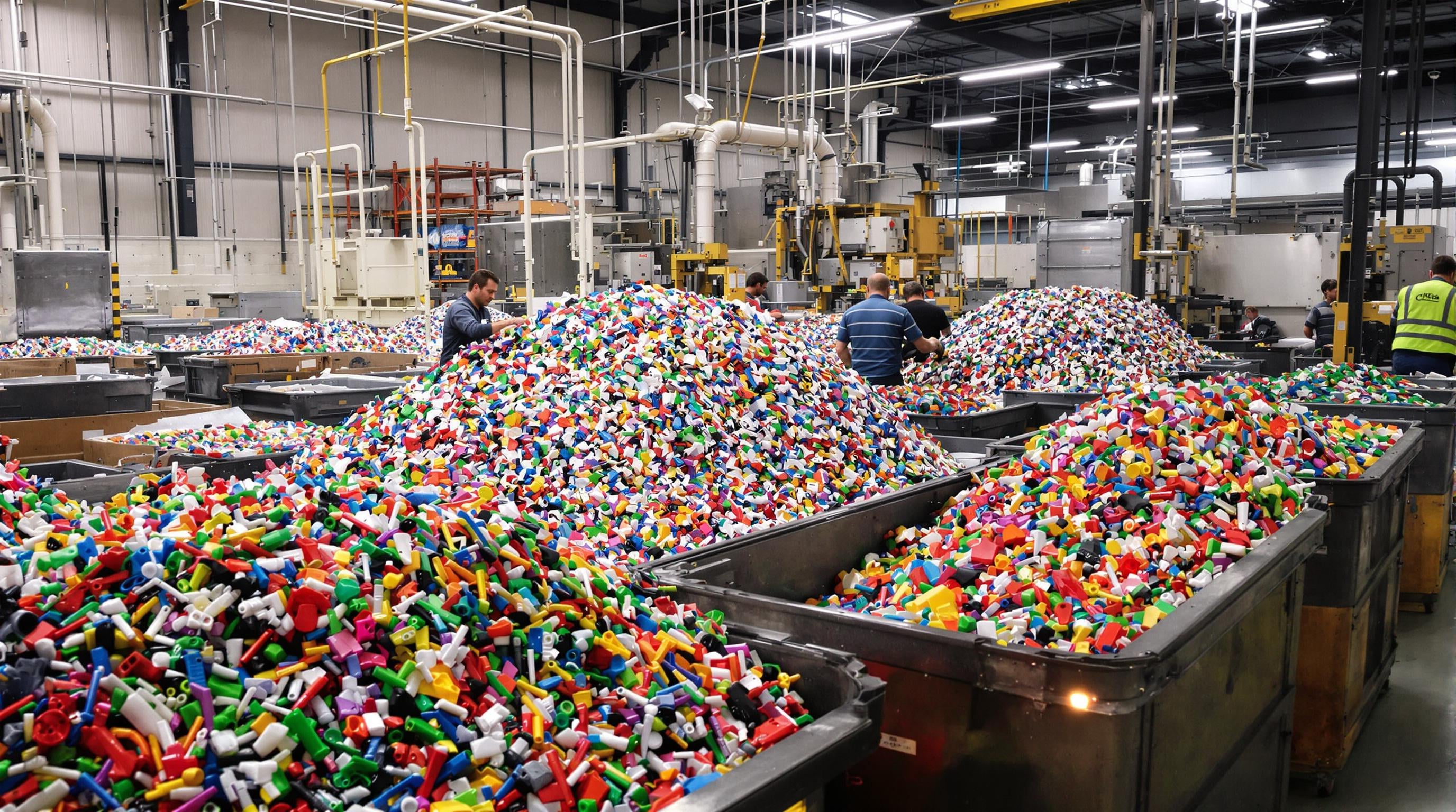 A realistic image of a recycling facility reprocessing used toys into new material