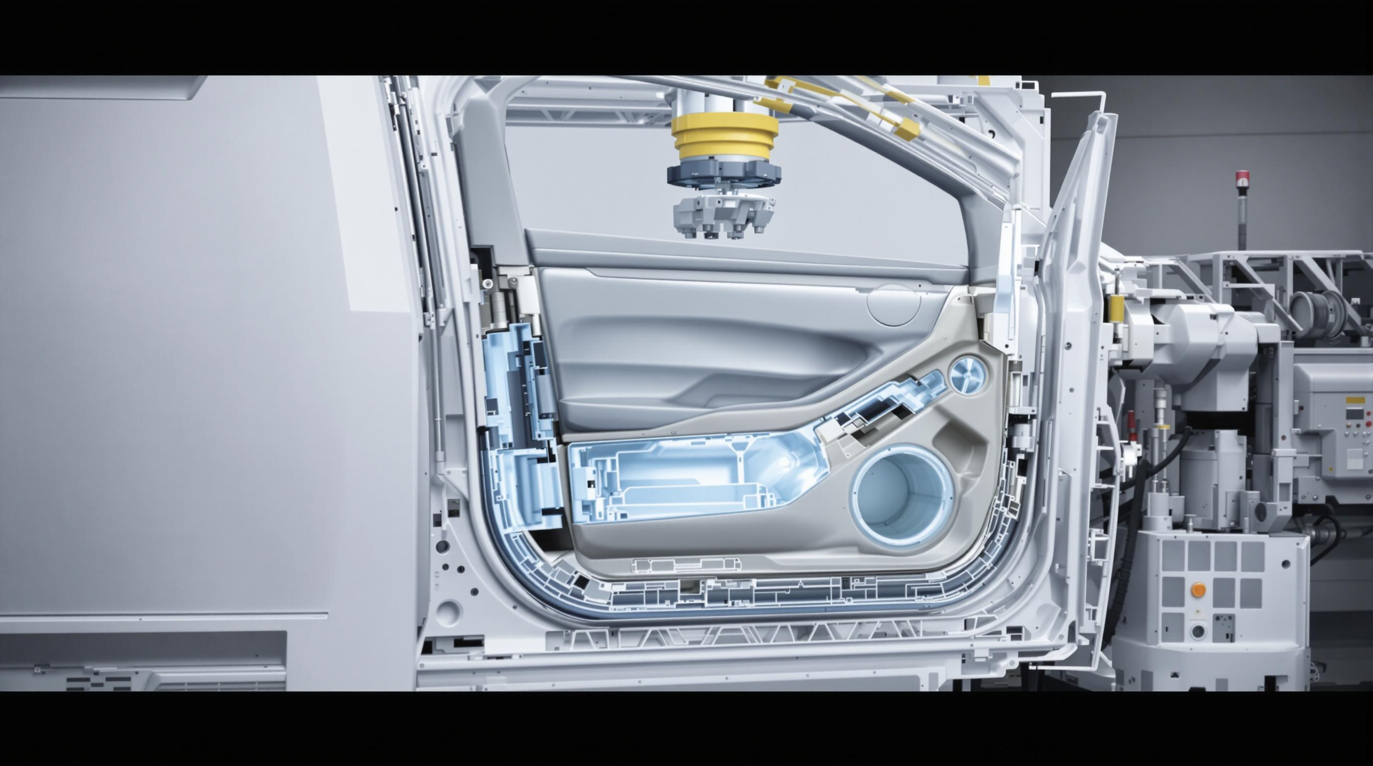 Photorealistic cutaway of a car interior panel being blow molded with visible internal channels and integrated features