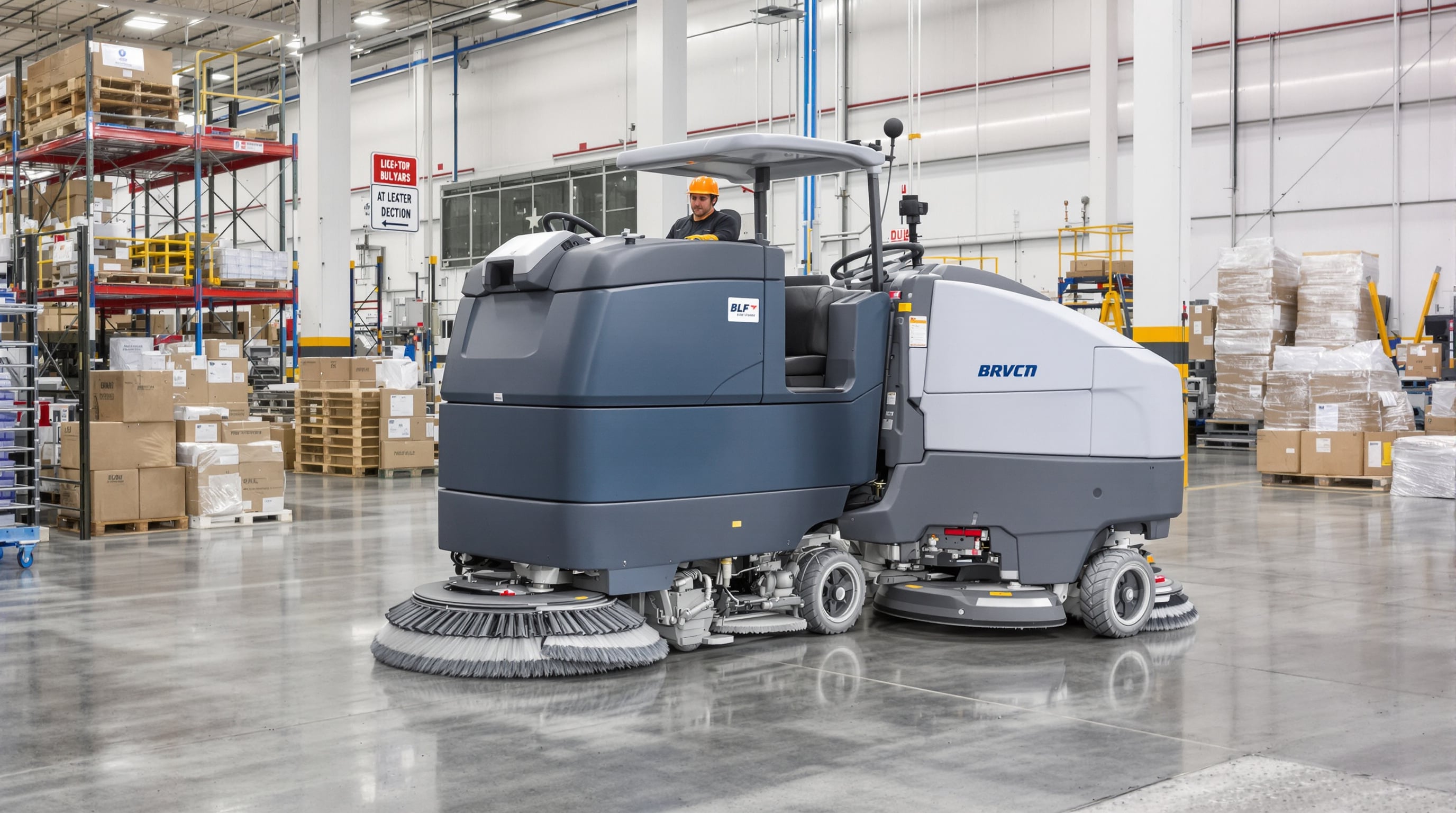 Industrial floor cleaning machines scrubbing and sweeping in a warehouse with pallets