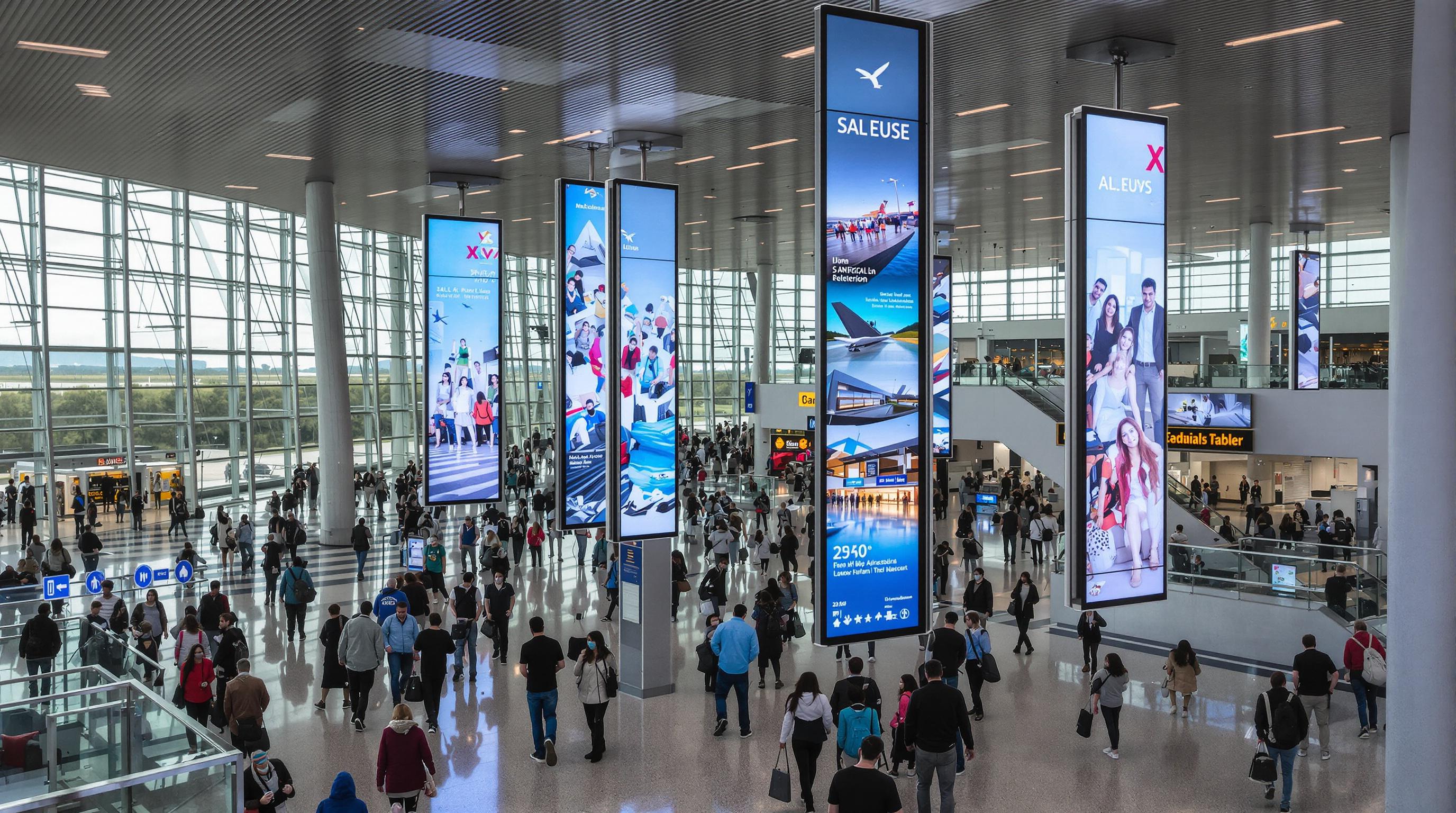 Clear, readable LED screens in a glass-heavy airport concourse with people passing by