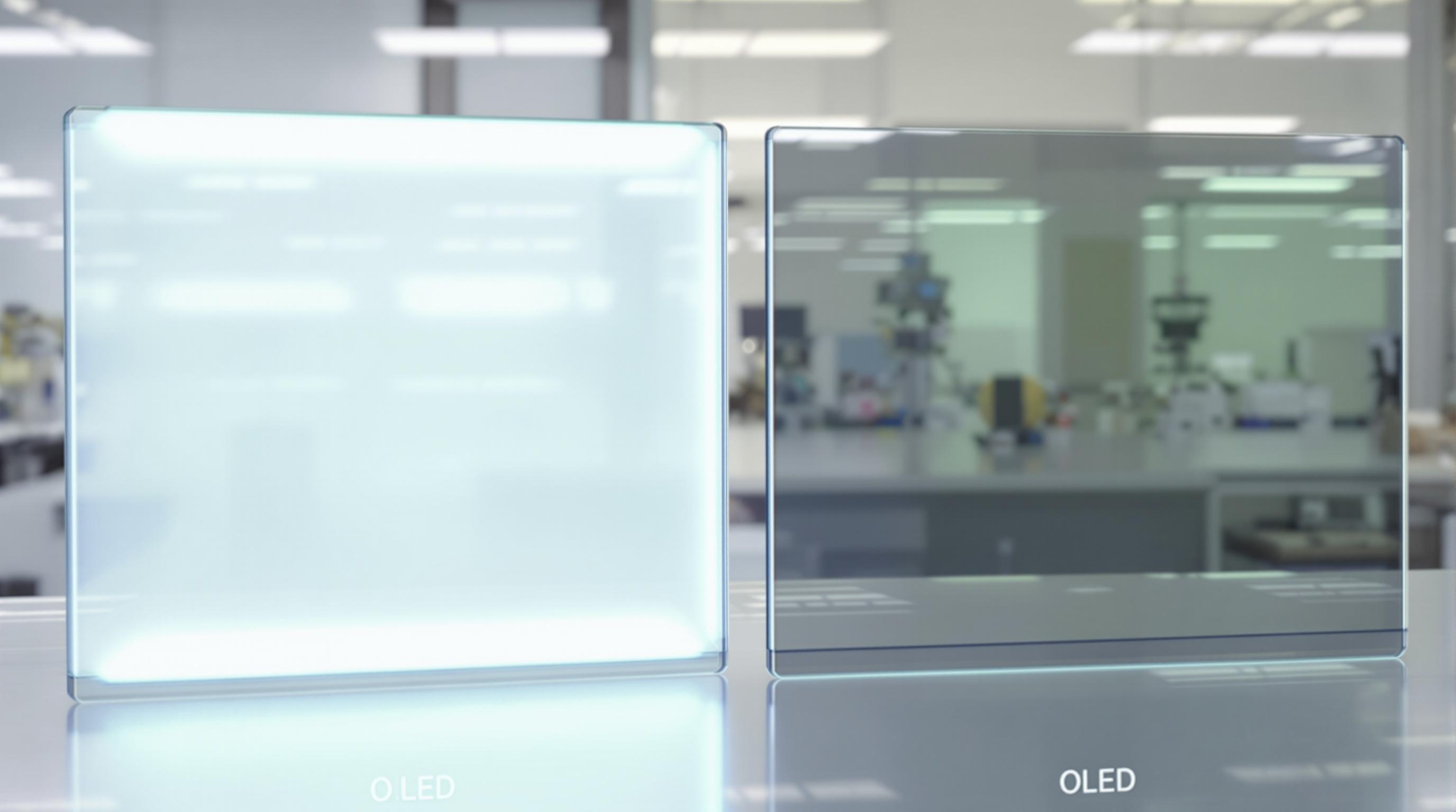 Side-by-side comparison of micro LED and OLED transparent display panels, highlighting differences in brightness and transparency