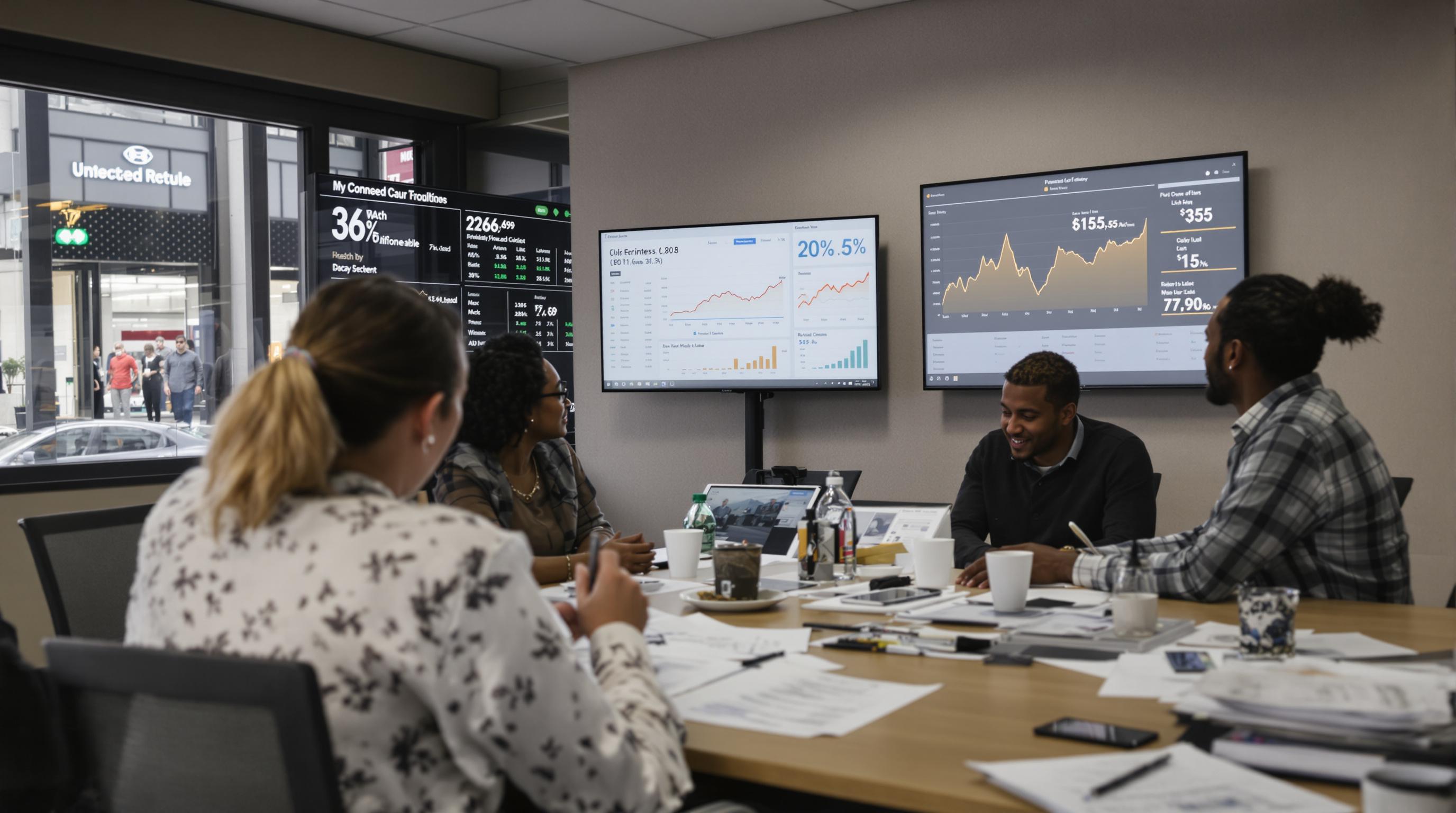 Team analyzing sales data and ROI metrics with a view of an LED display in a storefront window