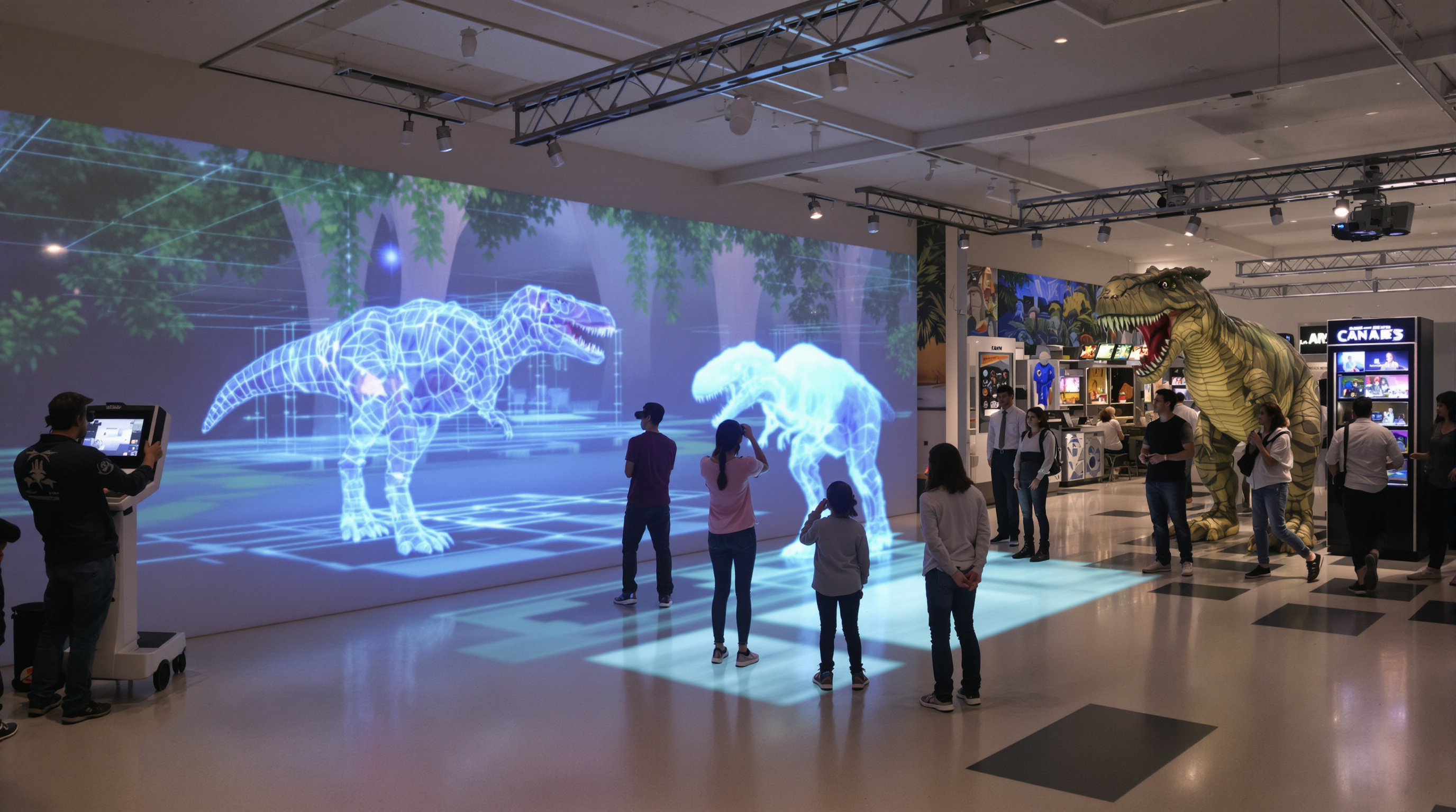Photorealistic scene of an arcade showcasing VR, AR, and a holographic display with people interacting.
