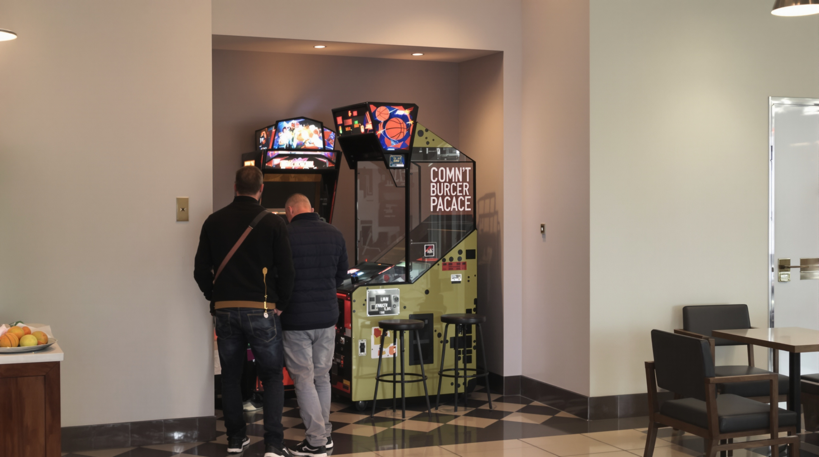 Basketball arcade machine utilized in a small alcove with people playing in a busy venue