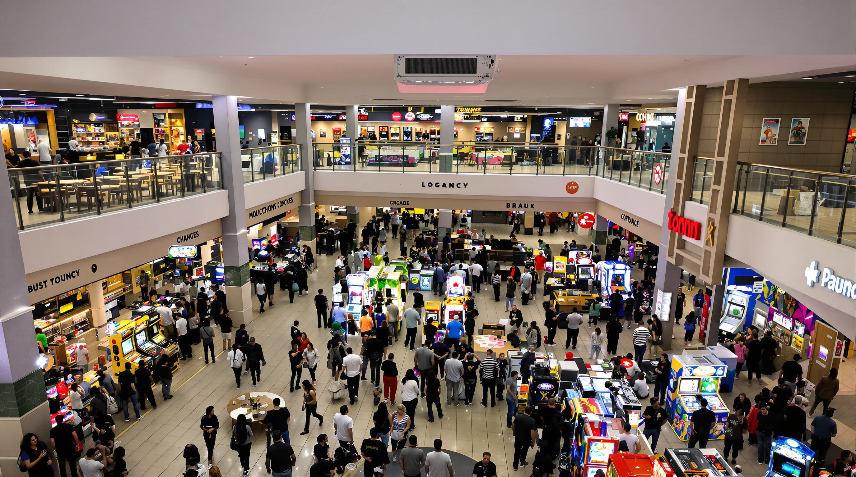 Arcade machines strategically placed in high-traffic areas of a busy venue with people engaging at each zone