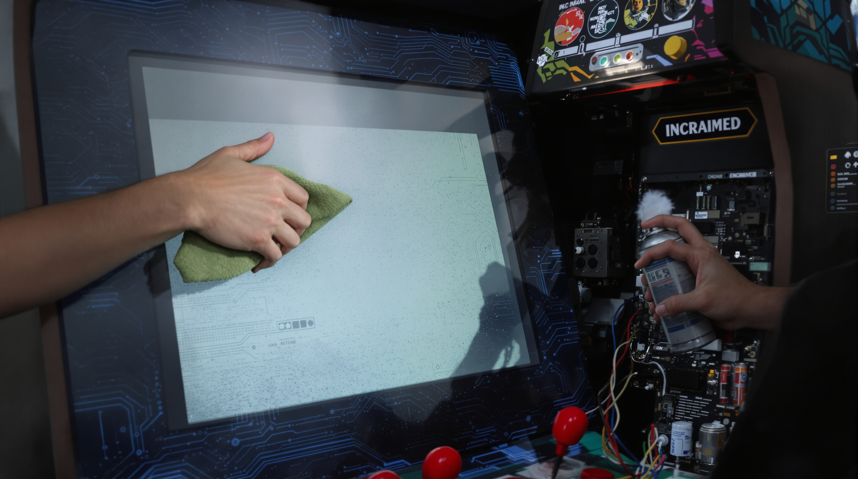 Hands cleaning and dusting the opened arcade cabinet, showing maintenance tasks