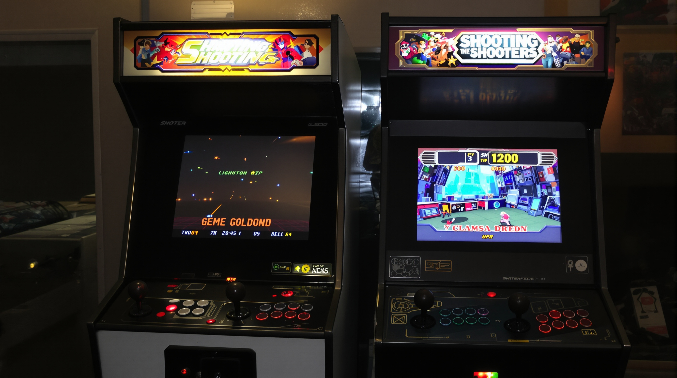 Side-by-side comparison of vintage and modern shooting arcade machines in an arcade.