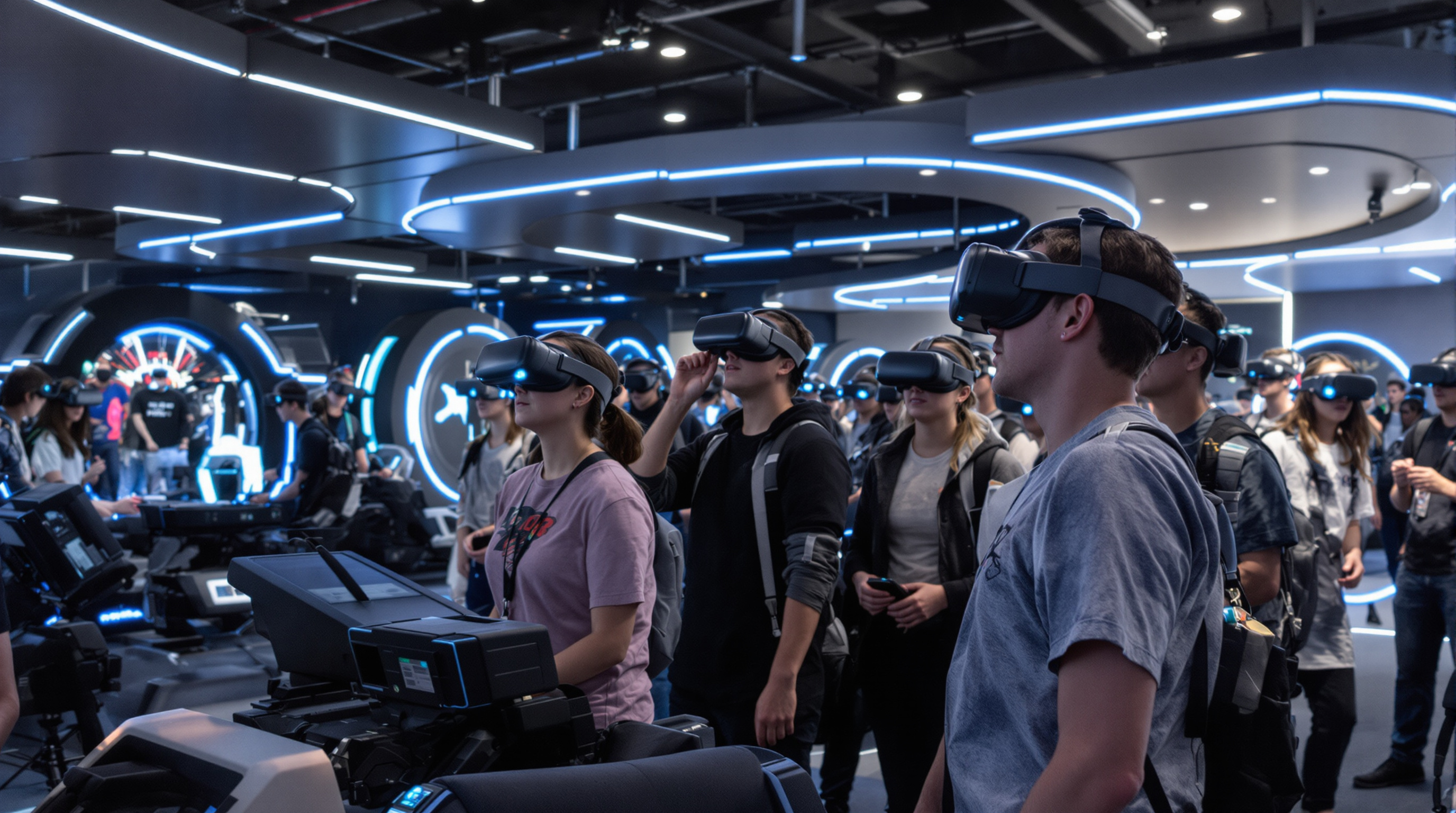 People using VR headsets and motion platforms in a sophisticated arcade with futuristic equipment and cool muted lighting