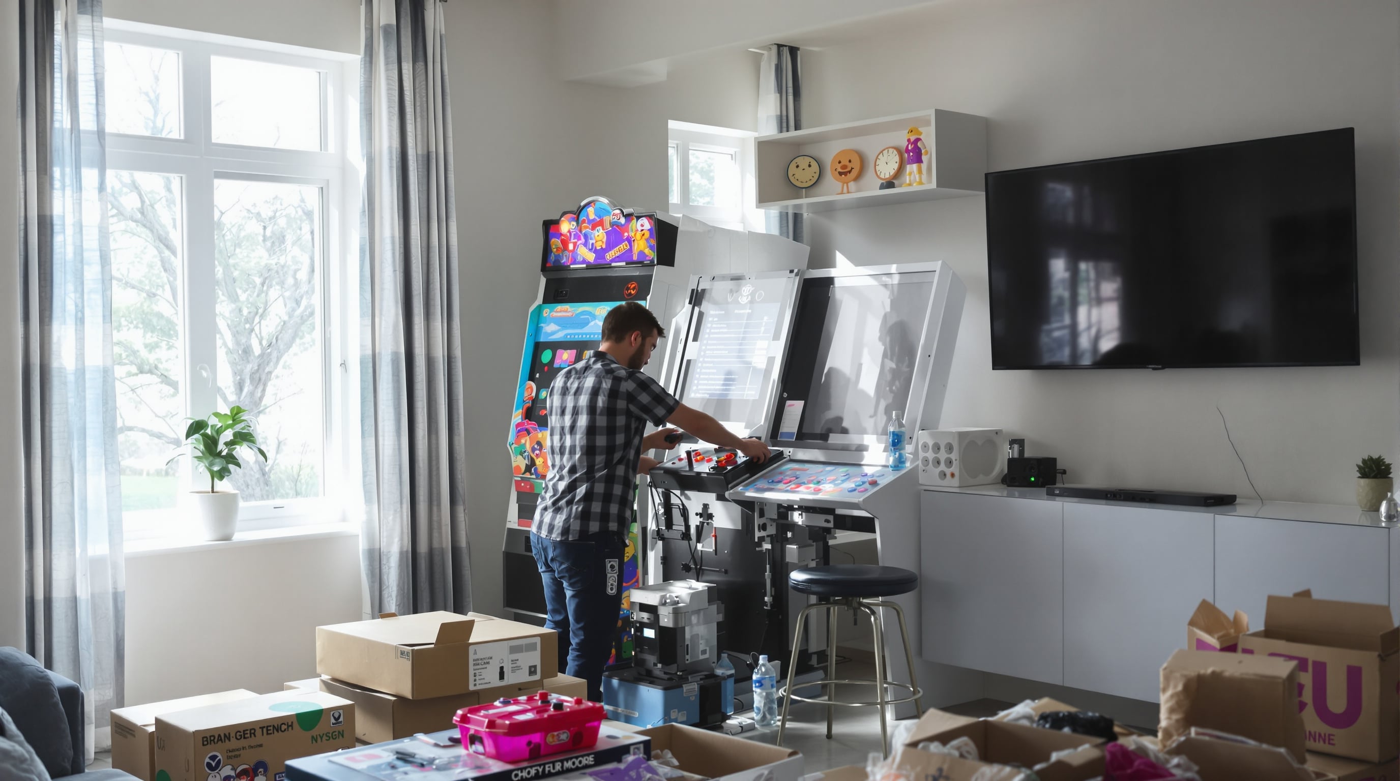 Person assembling and inspecting a multi-game arcade cabinet in a home entertainment room