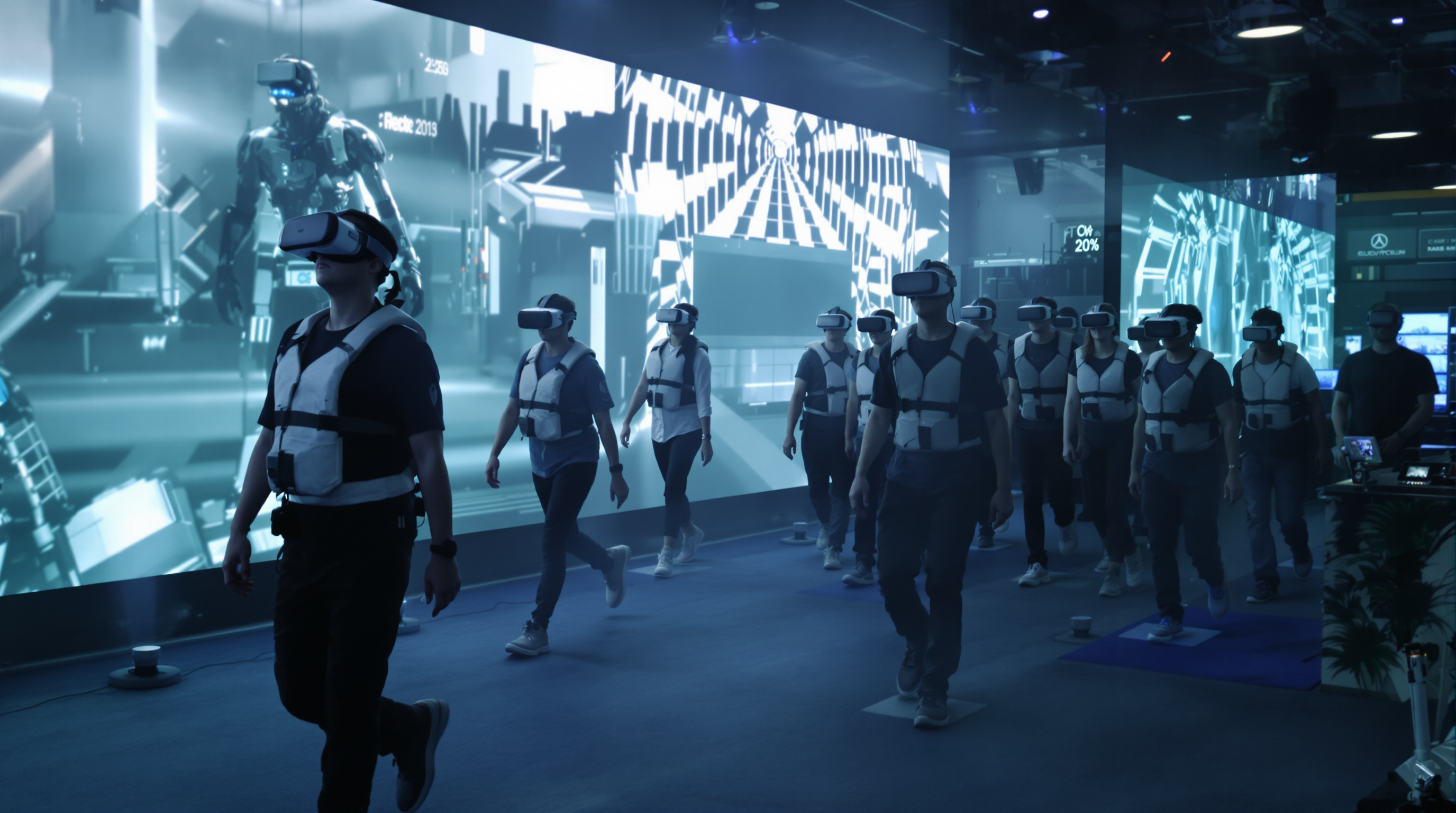 People experiencing VR technology in a modern arcade with motion platforms and immersive lighting