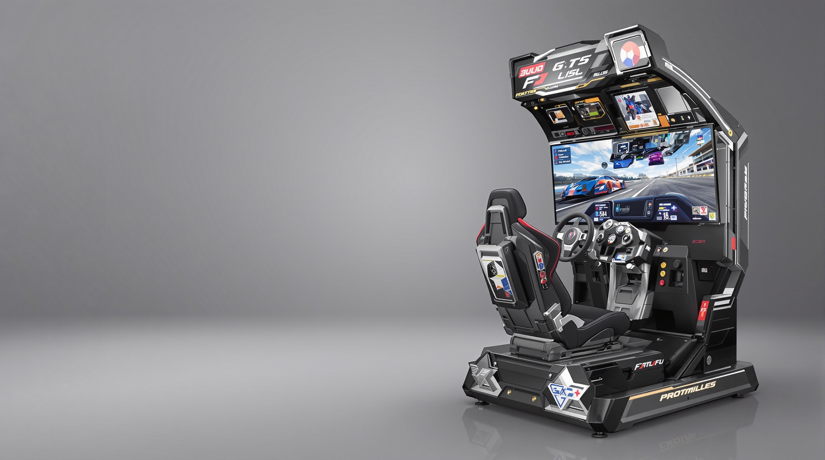 Premium racing arcade cabinet with sturdy construction and integrated motion platform in an arcade setting