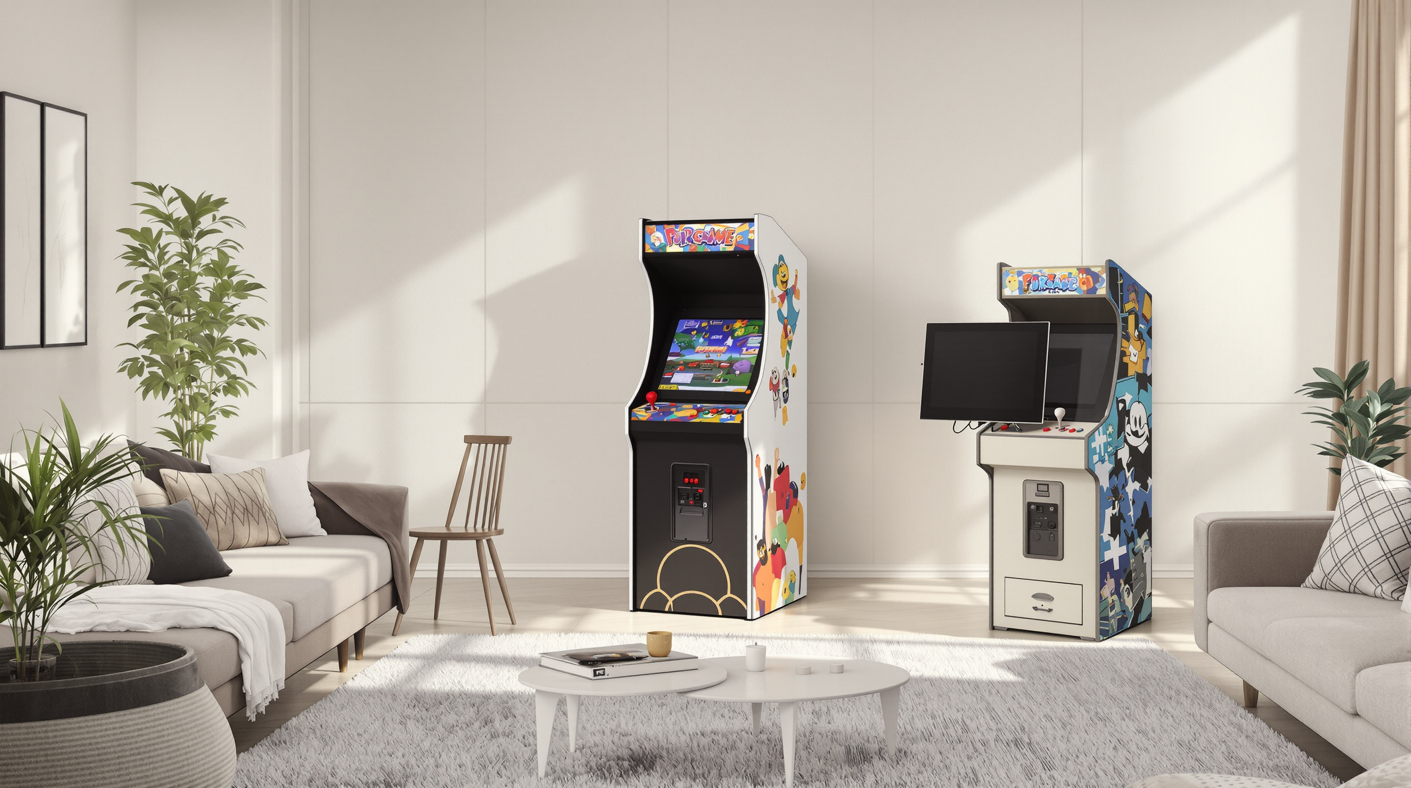 Photo showing a modern multi-game arcade unit beside a larger classic cabinet, highlighting cost and space efficiency