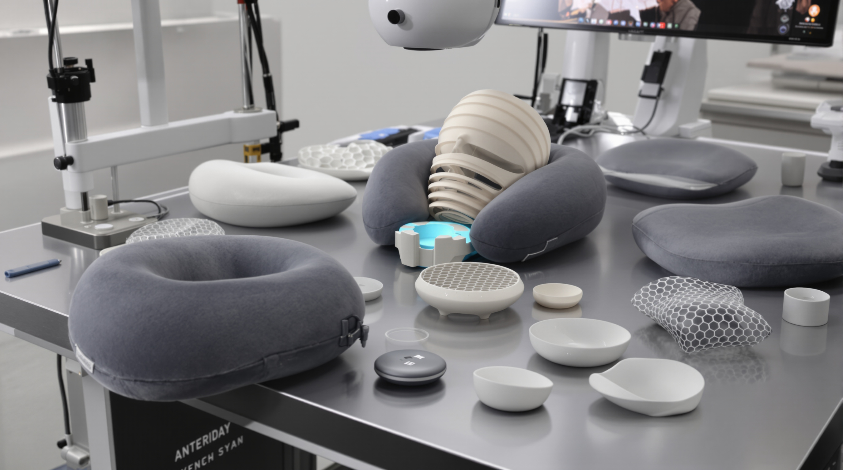 3D scanning equipment profiling a person’s neck next to modular travel pillow parts and honeycomb structures on a workstation.