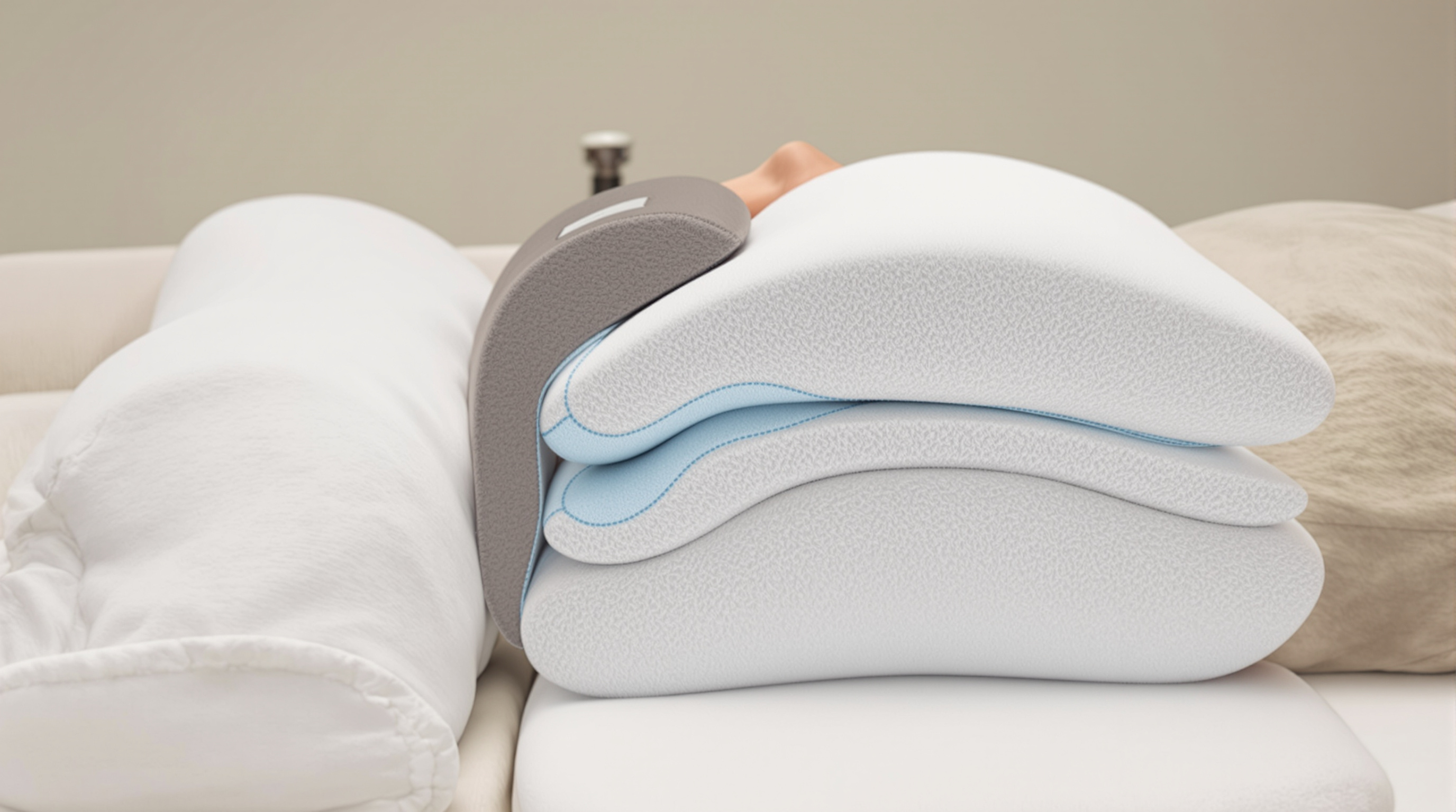 Photograph of a contoured rehabilitation pillow supporting a patient's neck in a clinical setting