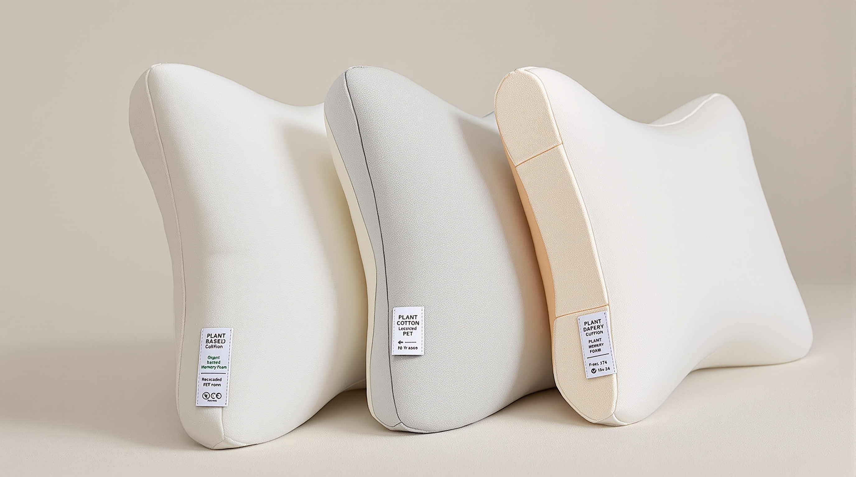 Three eco-friendly lumbar cushions made from organic cotton, recycled PET, and plant-based memory foam displayed together in soft lighting
