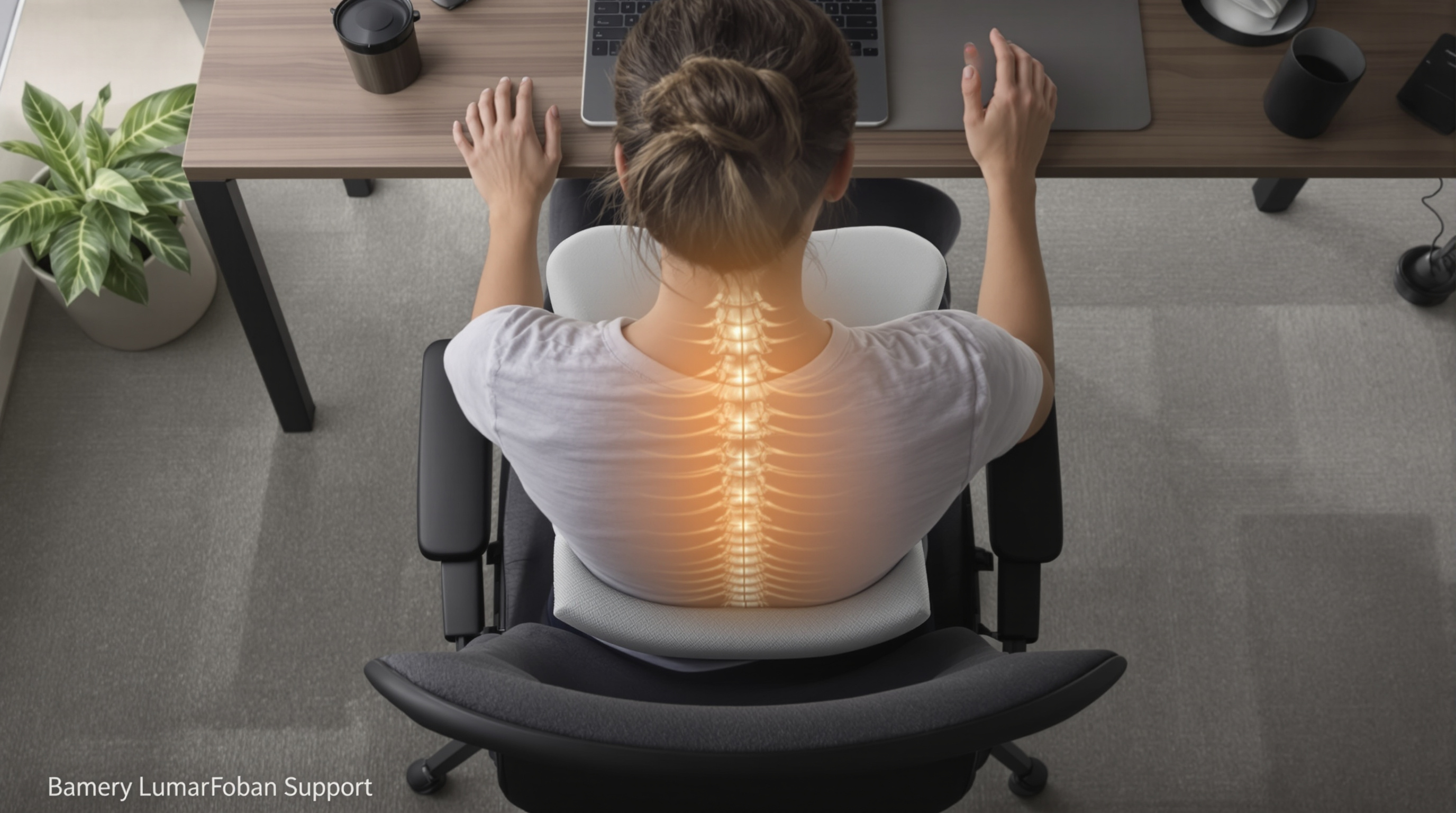 Person sitting at a desk with a contoured memory foam lumbar support cushion showing spinal alignment