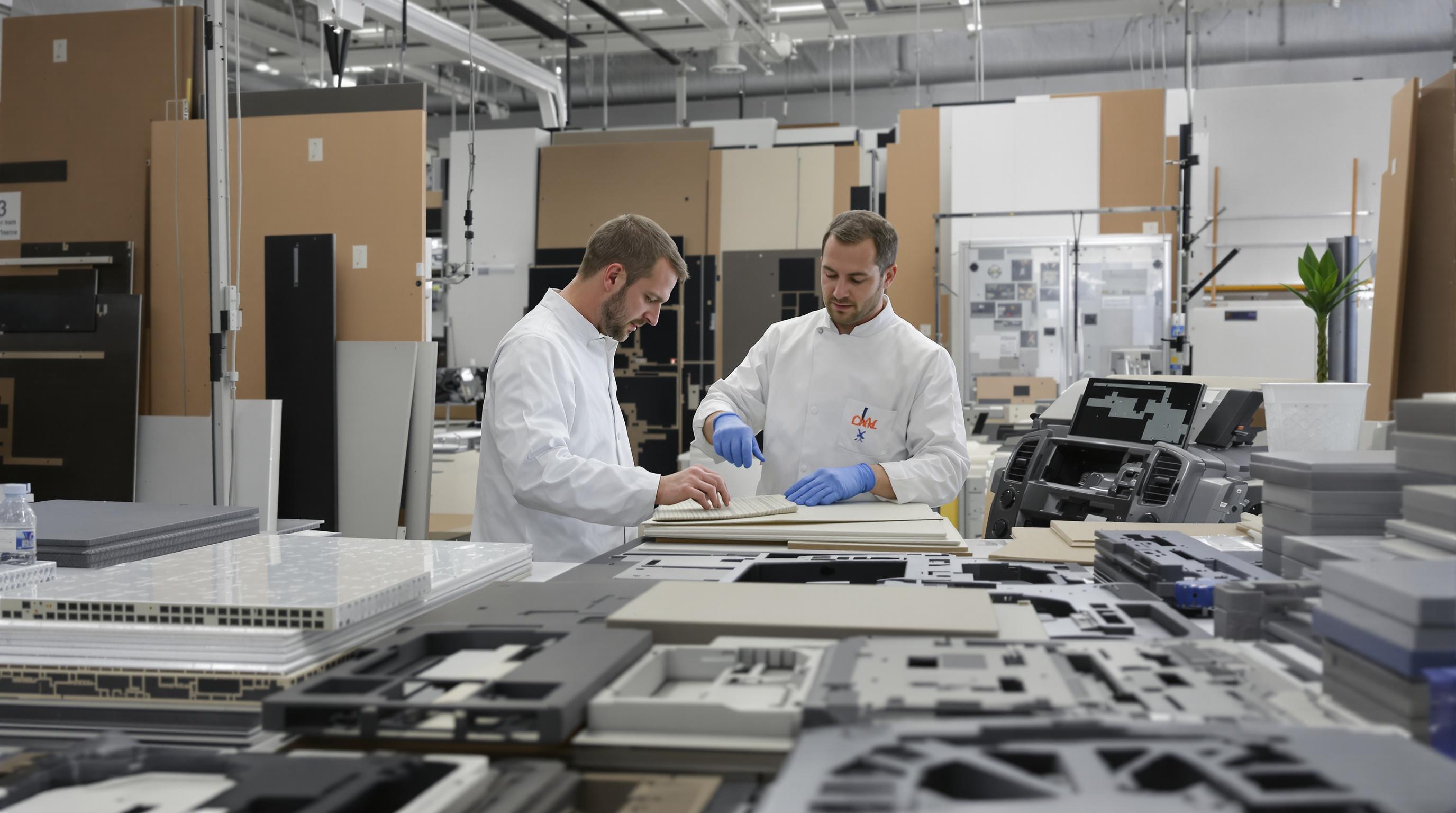 Engineers in a lab analyzing recycled car interior panels and sustainable materials for automotive use