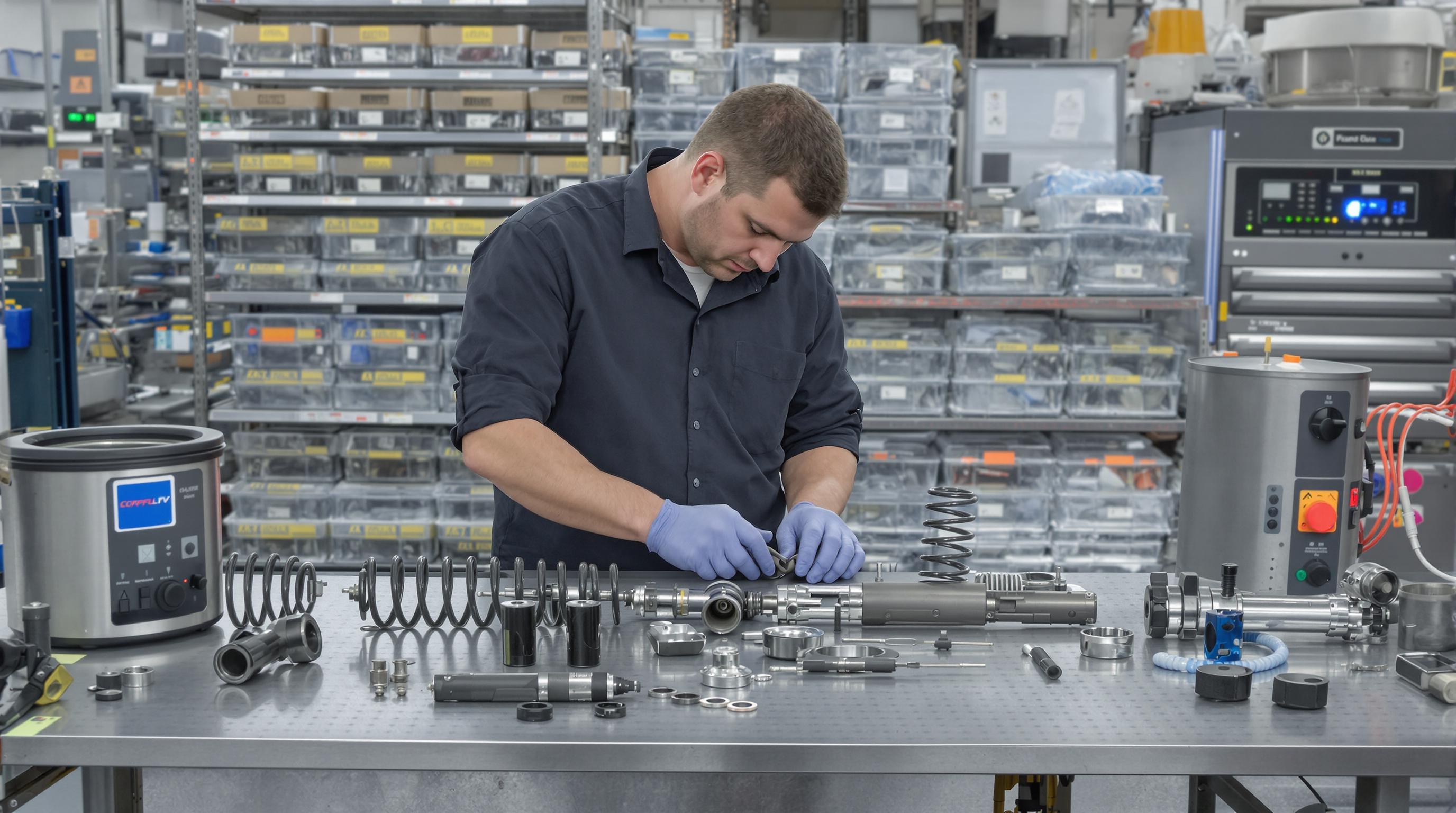 Technician restoring used car suspension system in a modern workshop