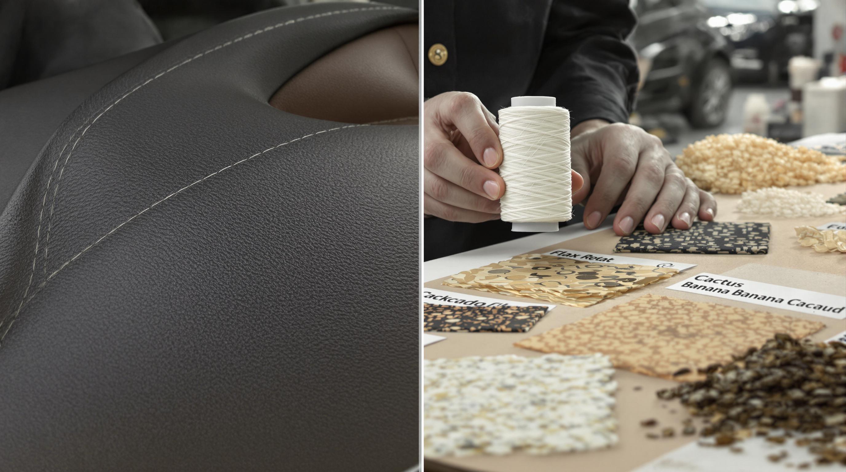 Close-up of car seat with plant-based stitching and technician holding natural fiber thread samples