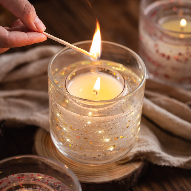 Custom Luxury LED Light-Up Candles Soy Material Pillar Shape Smokeless Glass Jar Gel Scented Custom Logo Christmas Ramadan details