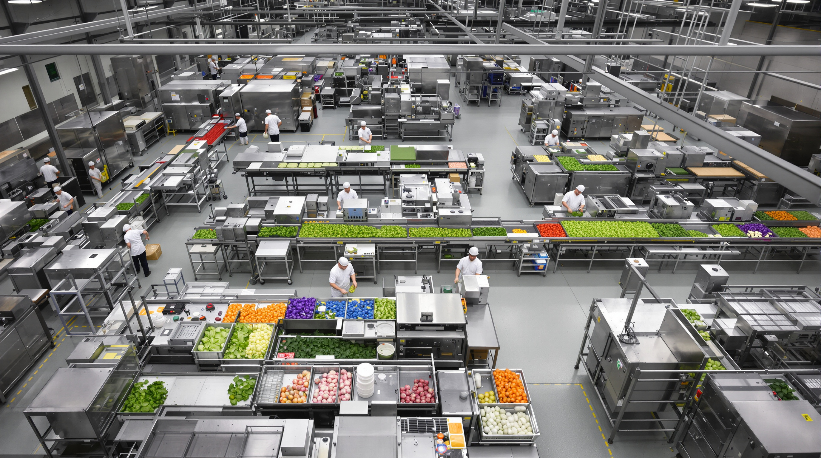A commercial kitchen with various vegetable processing machines and staff working at different stations