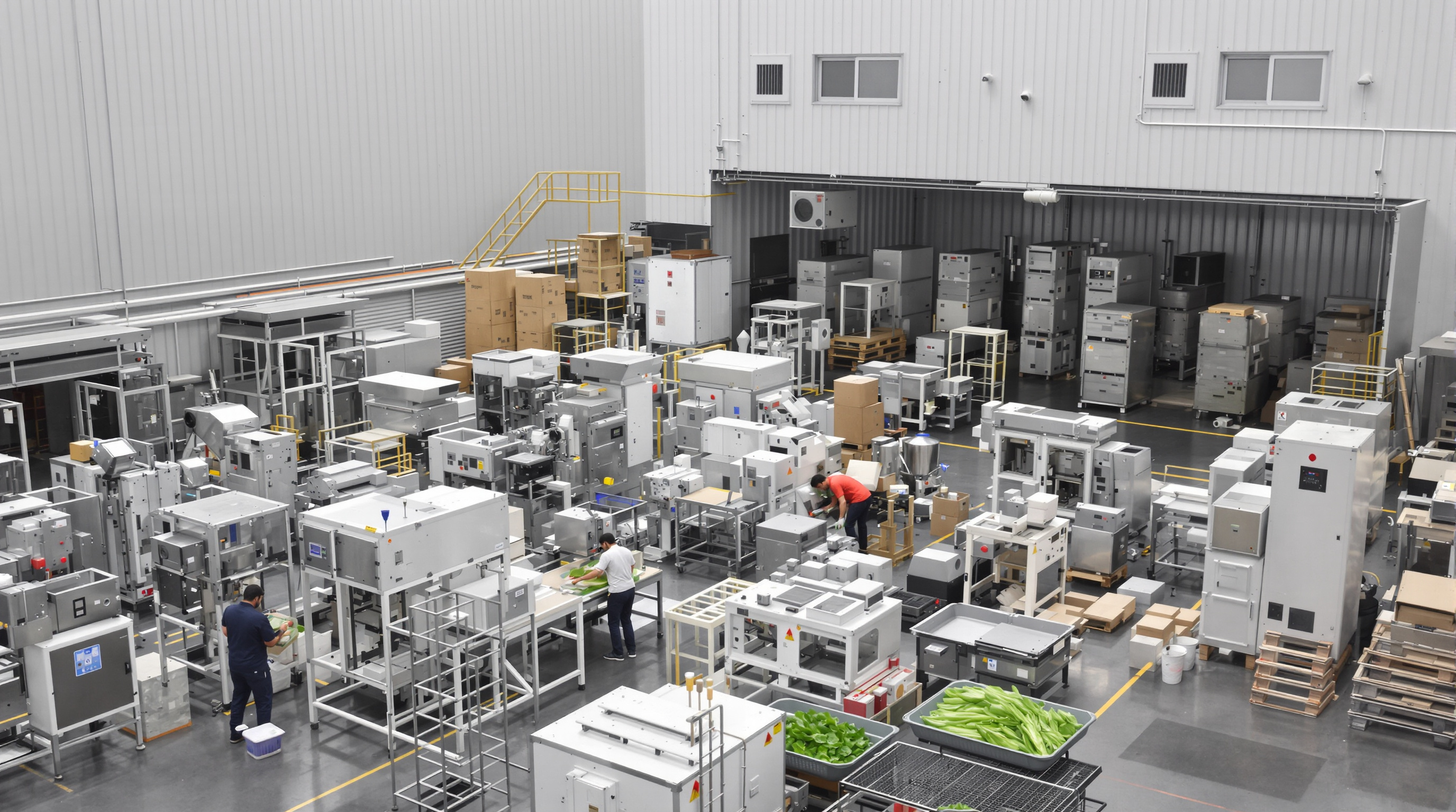 Factory workers organizing modular vegetable processing machines in a space-efficient plant with vertical stacking