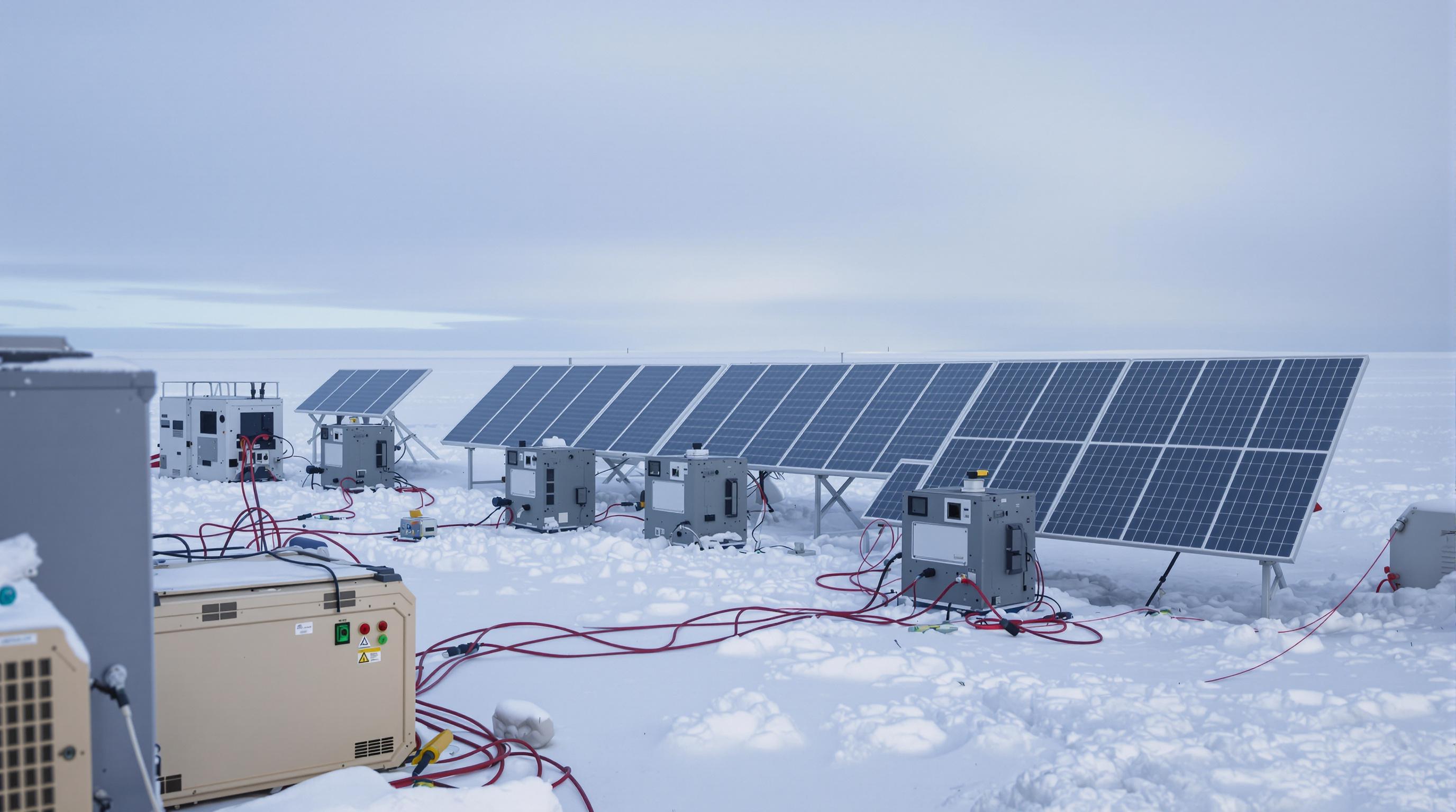 Photorealistic field deployment of interconnected modular battery systems with solar panels in a cold, remote environment.