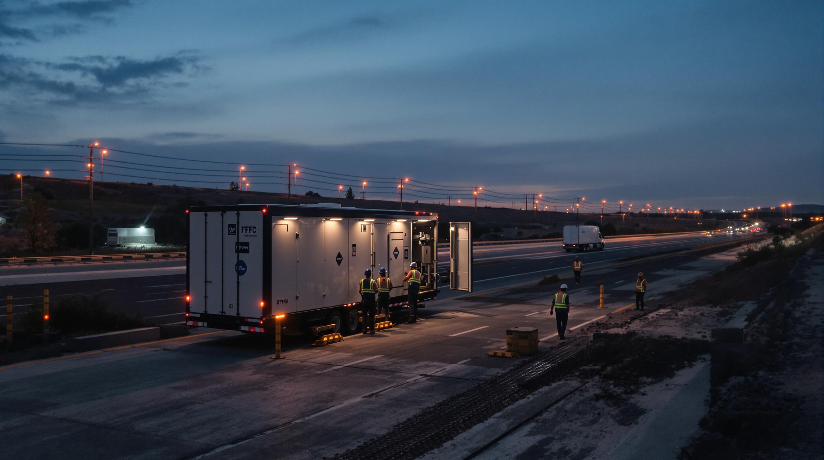 Mobile battery storage unit and diesel generator at a highway construction site during evening inspection