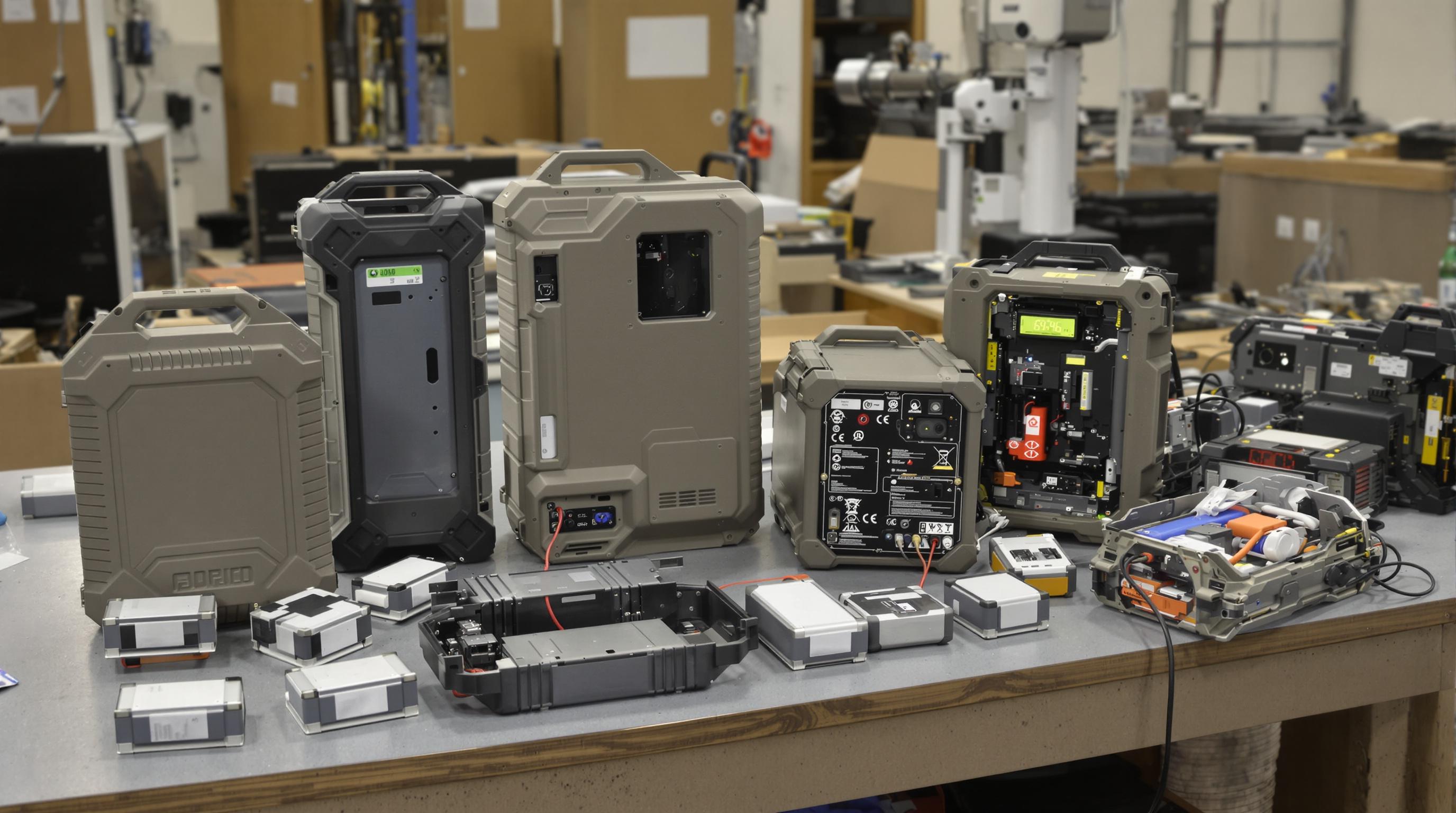 Close-up of rugged portable power supply units and battery modules displaying robust materials and sustainable design features.
