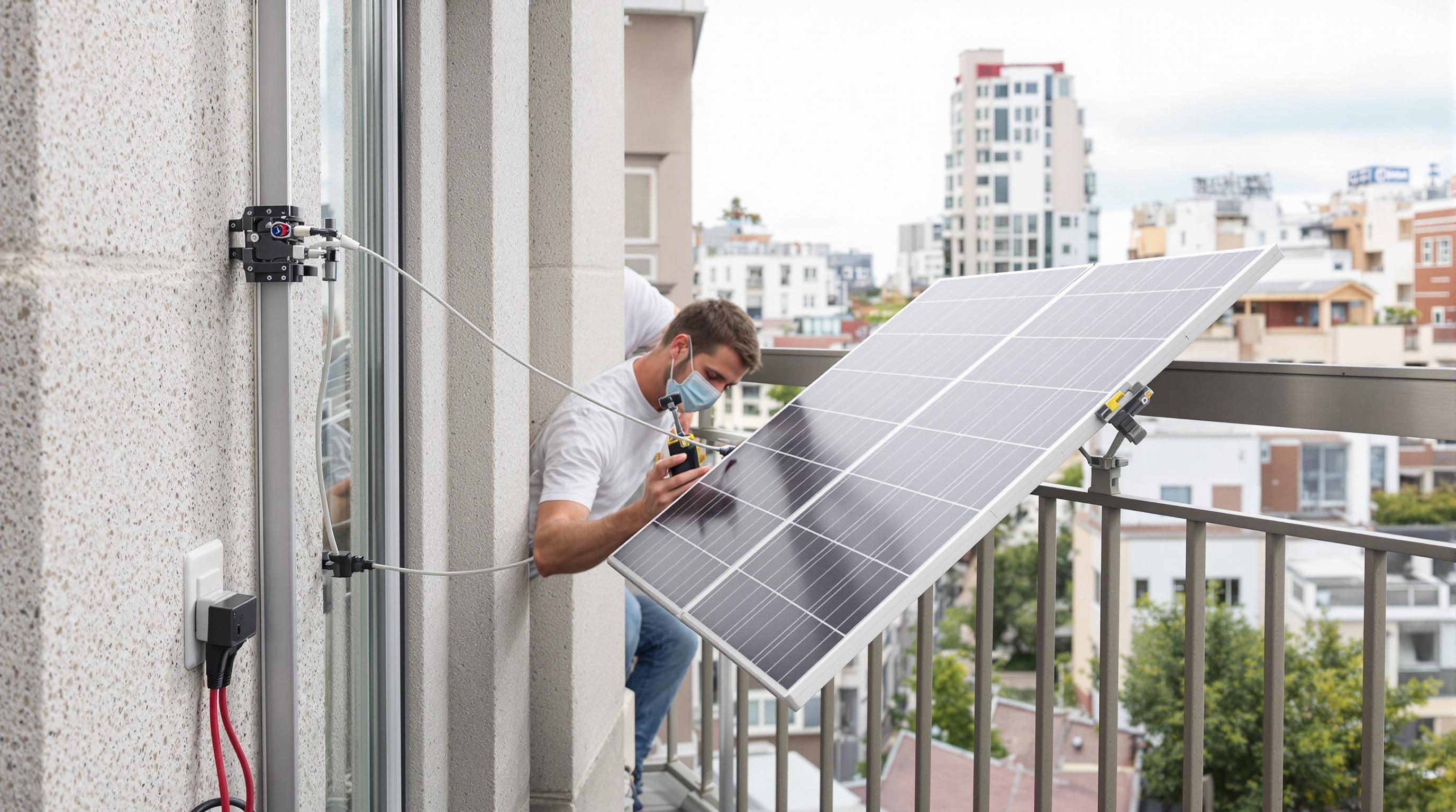 Person installing a compact plug-and-play solar panel on a city apartment balcony using tool-free clamps