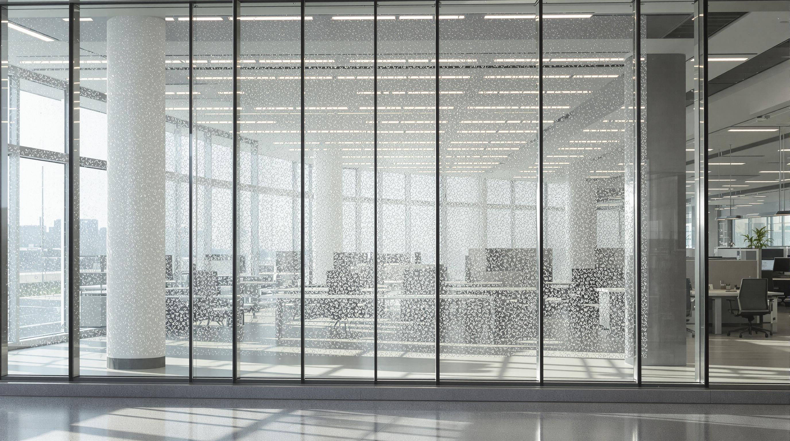 Semi-transparent photovoltaic glass panels in an office, showing sunlight patterns and array of cells