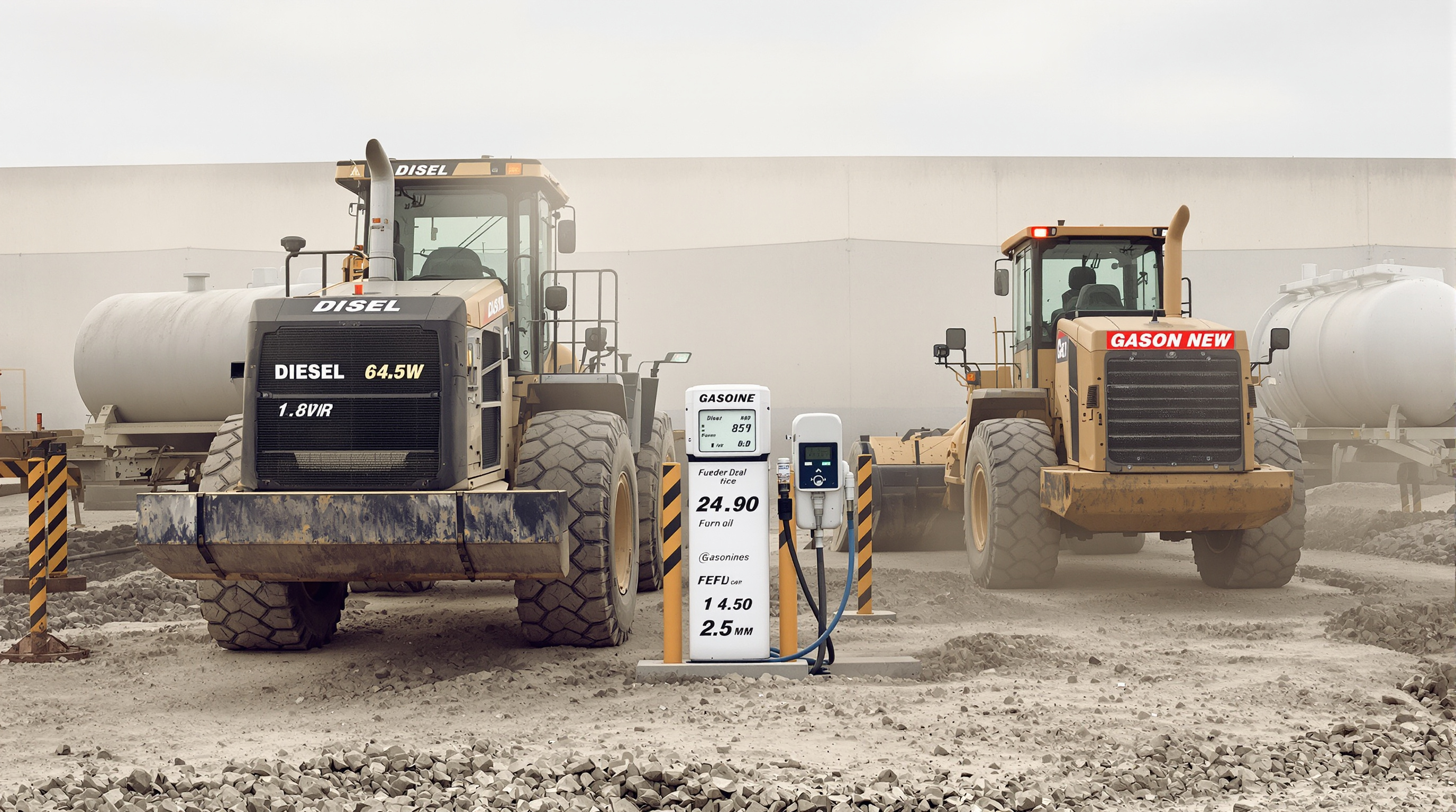 A diesel loader and a gasoline loader parked side by side at a construction site, with visual cues showing fuel consumption differences.