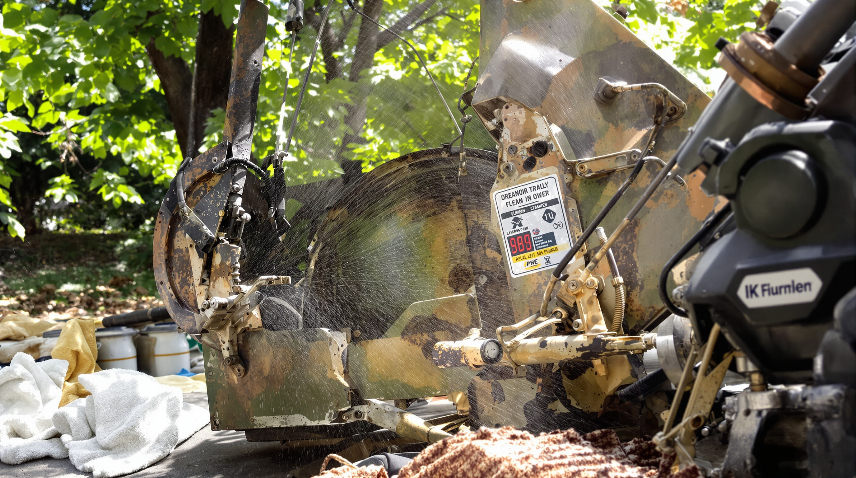 A cleaned lawn mower drying in a shaded, well-ventilated spot with microfiber cloths nearby and rust-free metal surfaces visible.