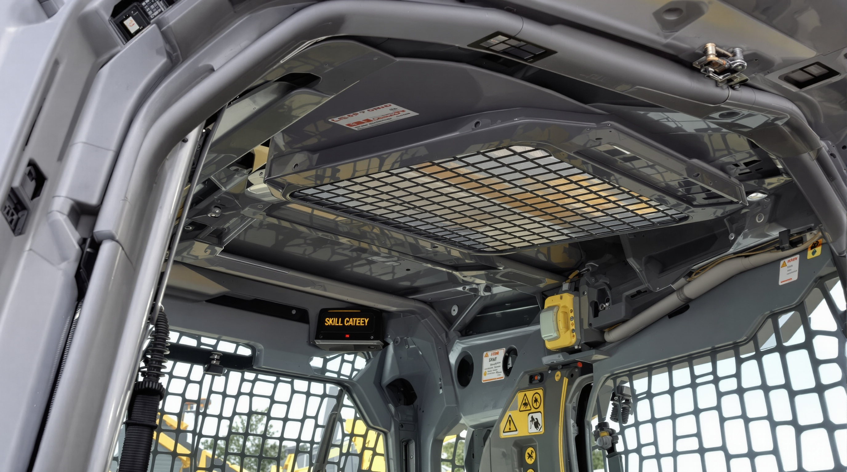 Close-up view of skid steer cab with roll-over protective structure, seat belt, and overhead mesh demonstrating built-in safety systems