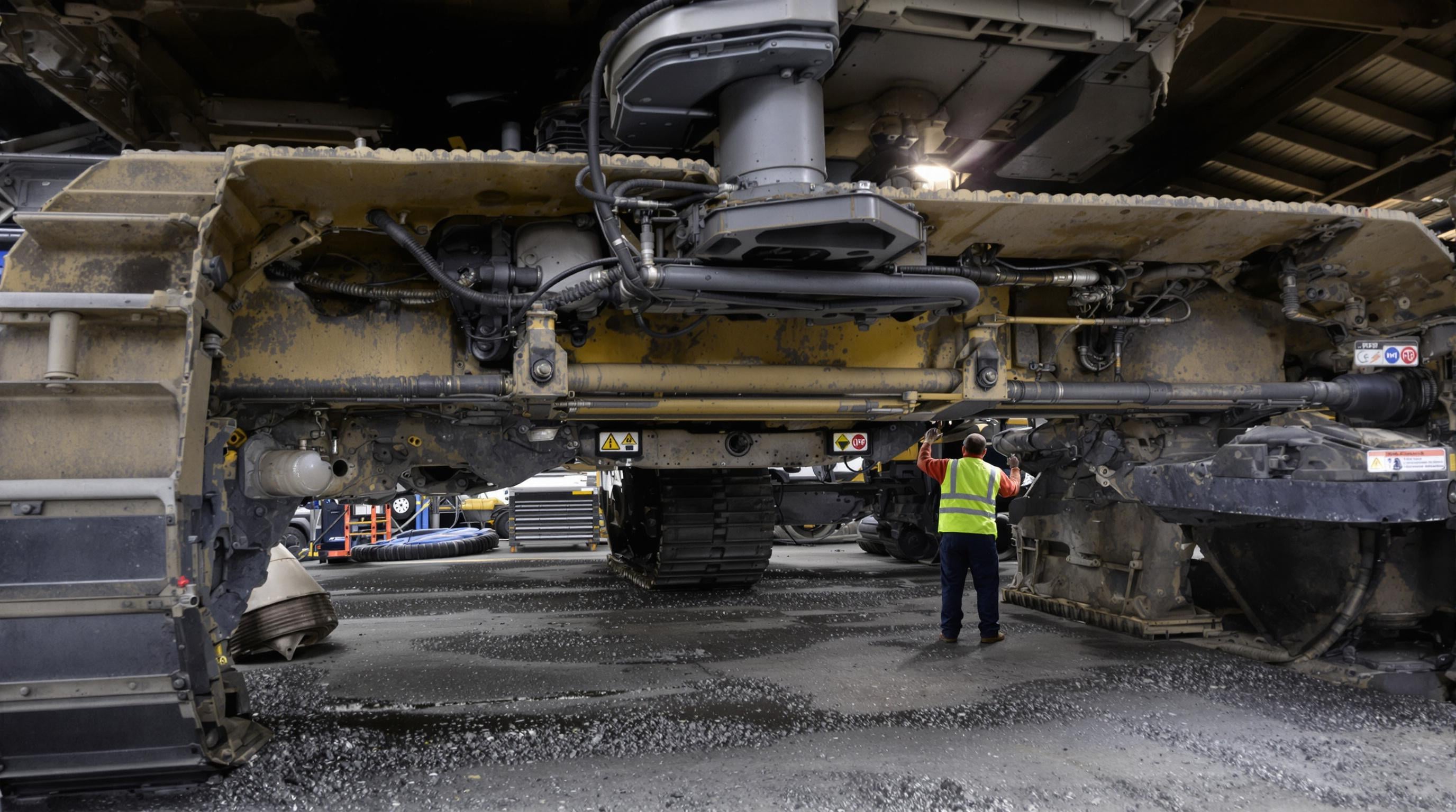 Technician performing daily maintenance checks on an excavator in a clean yard