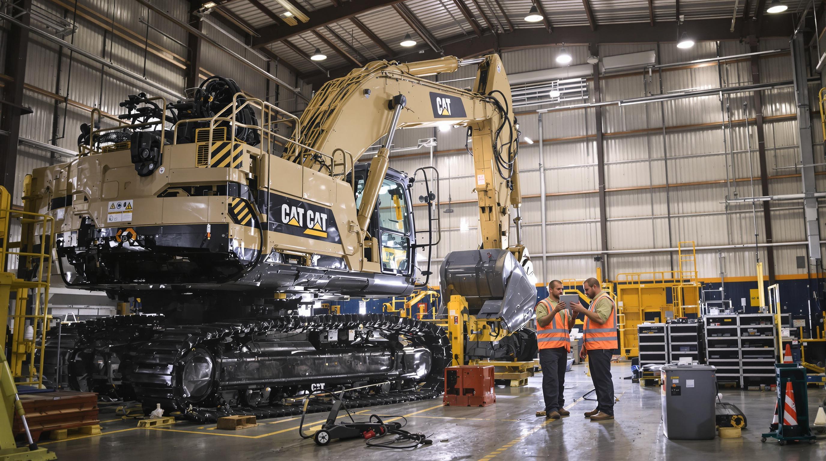 Technicians performing preventive maintenance on an excavator in a workshop setting