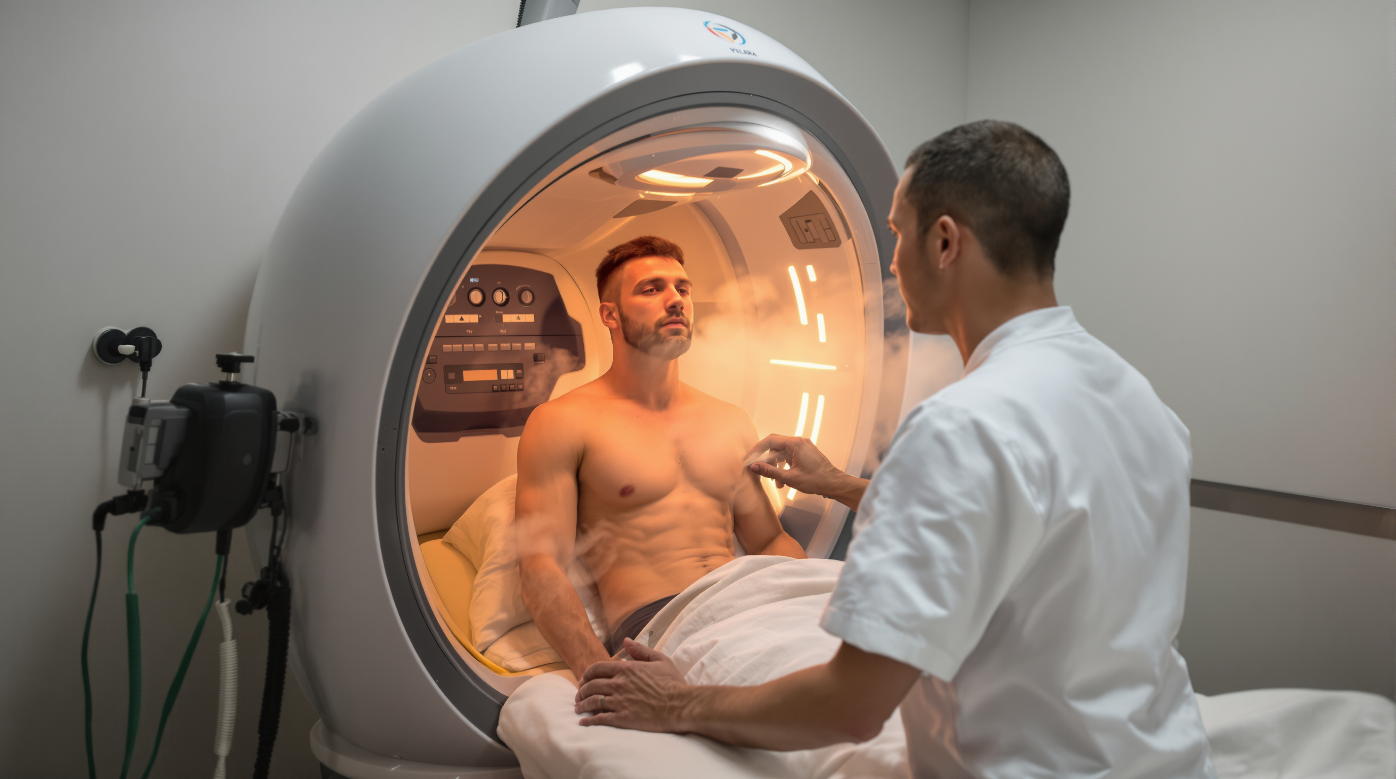 Athletic patient inside an infrared dome receiving therapy in a clinical wellness setting
