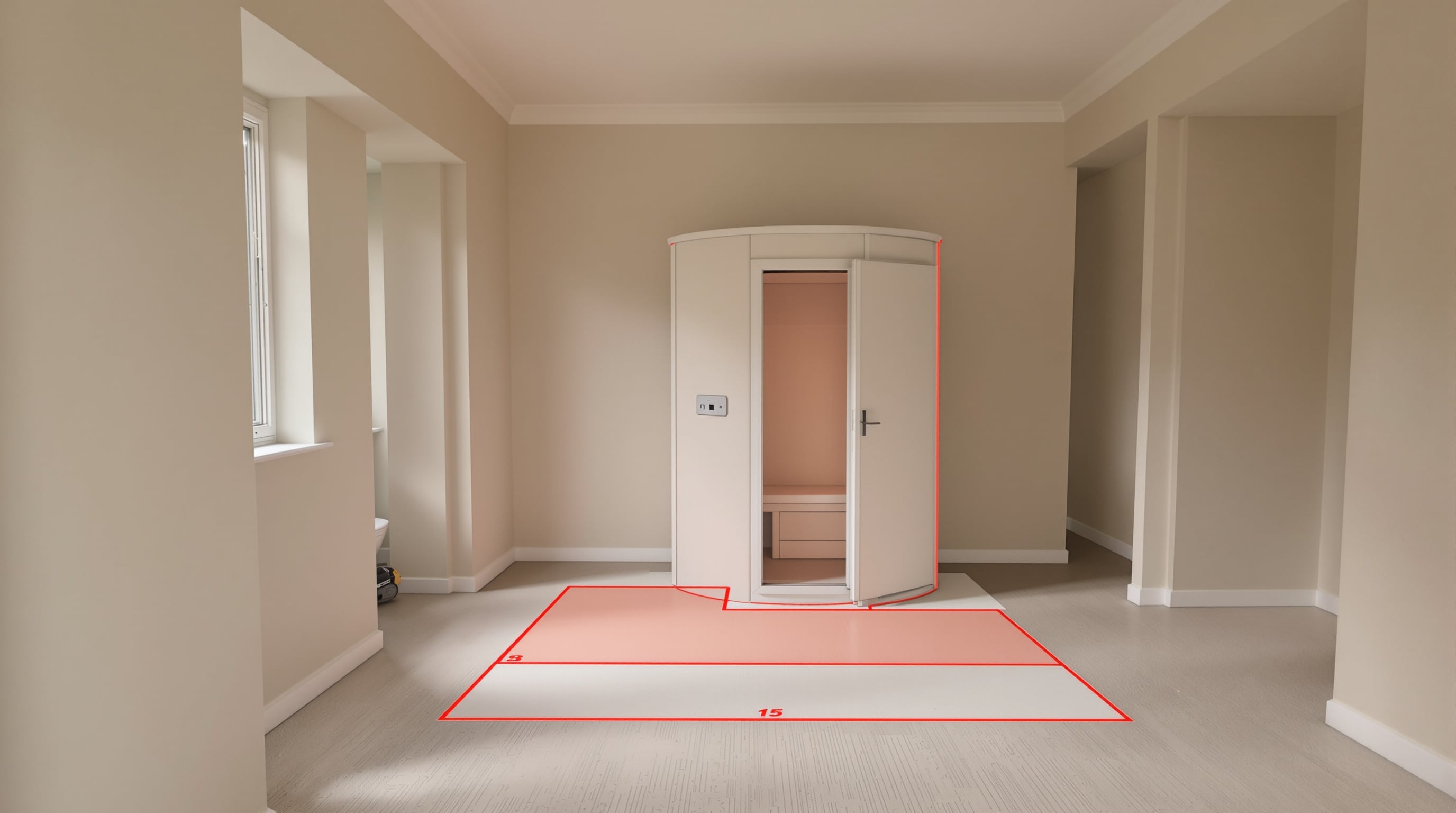 Residential room showing measured and marked space with a laser tool and visible ceiling clearance for sauna installation