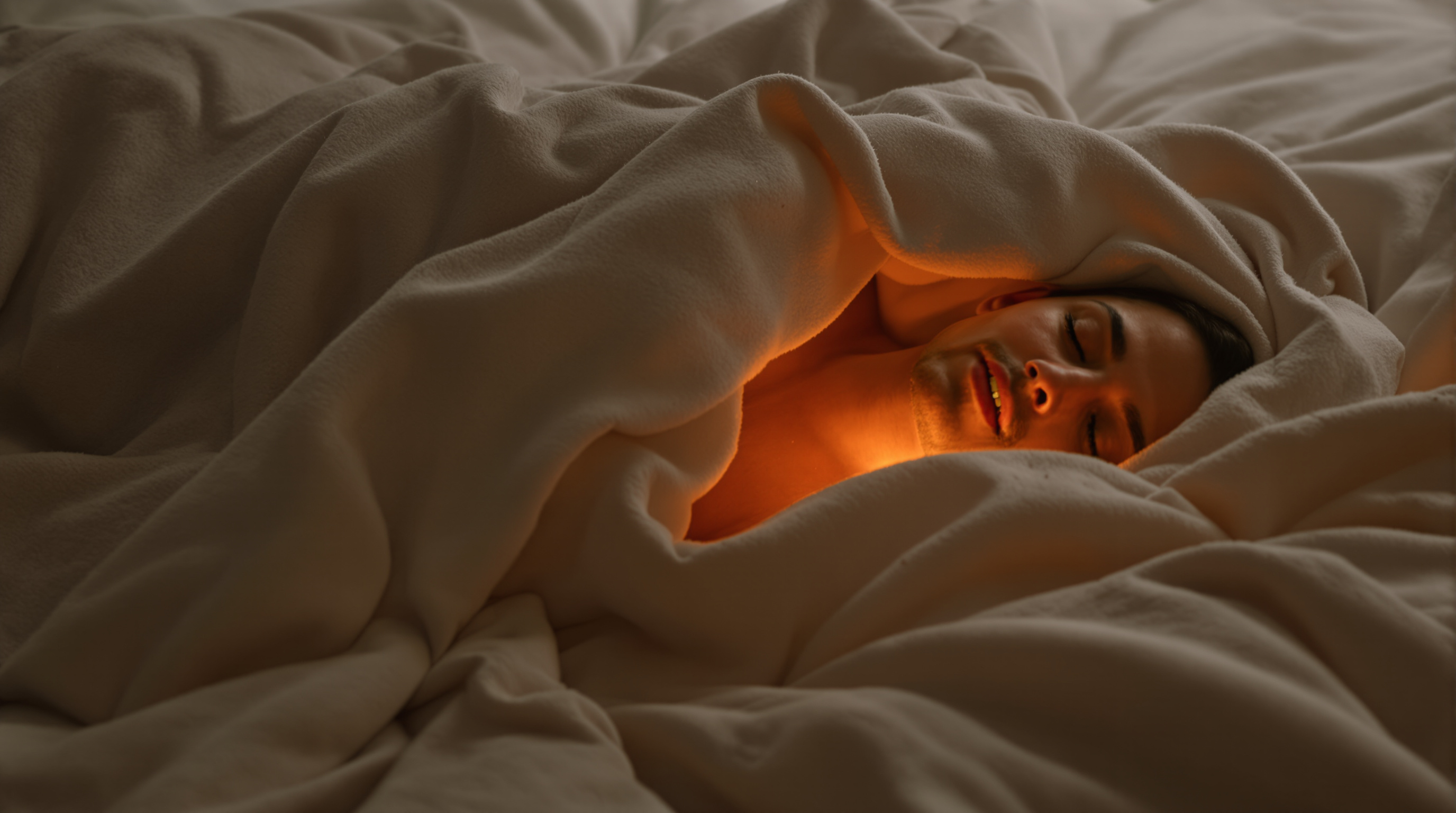 Person lying in a detox blanket on a bed, soft glowing light showing warmth, calm muted colors