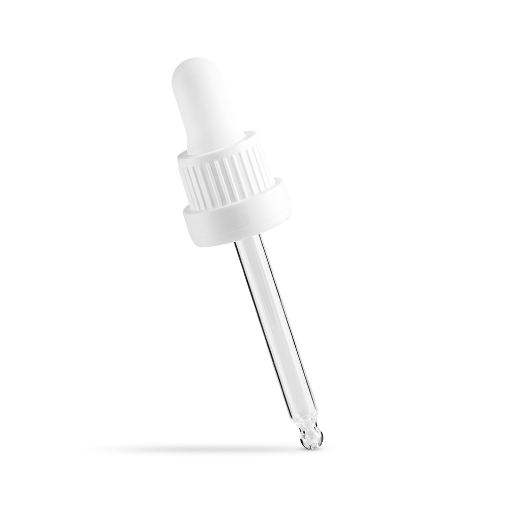 Clear Pipette classic black tamper ring glass dropper top with black ribbed cap and black silicone teat 18mm supplier