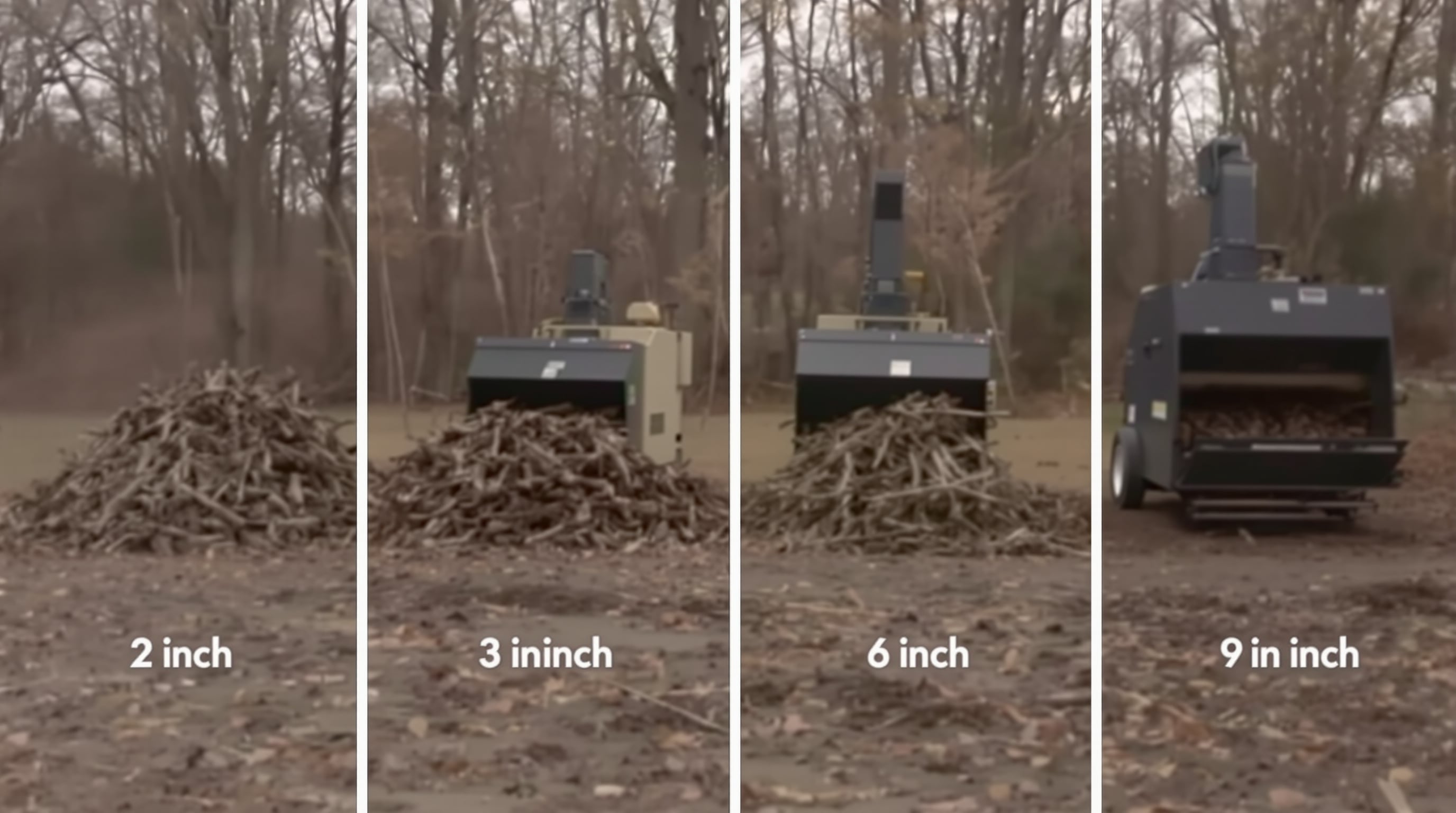 Assorted wood shredders next to piles of small and large branches in an outdoor setting