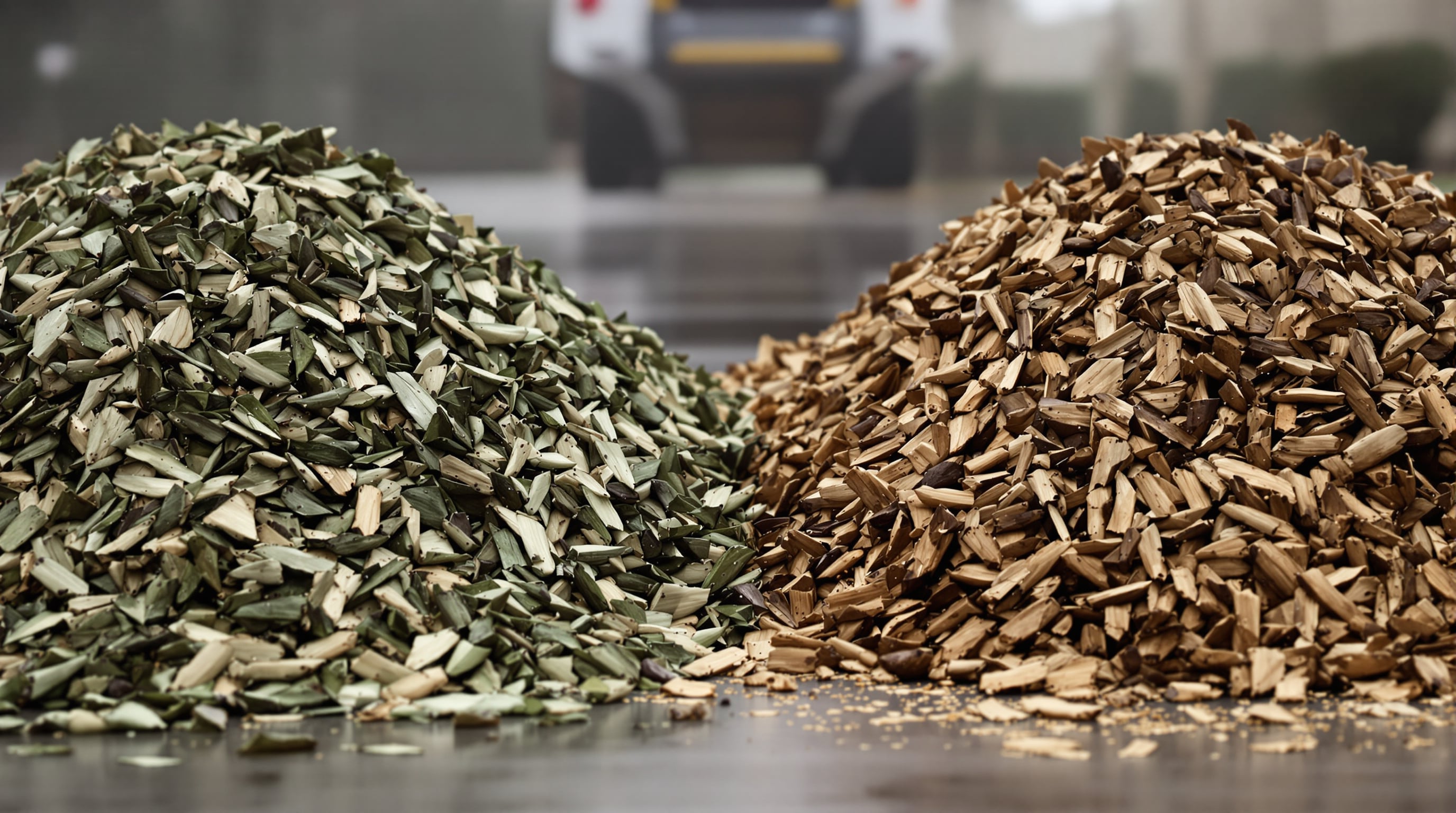 Side-by-side piles of green wet wood chips and dry brown chips illustrating moisture content differences