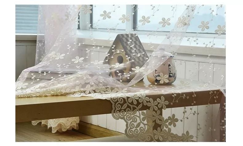 Foulola News: Romatic Flower Embroidered Milk Lace Curtain details